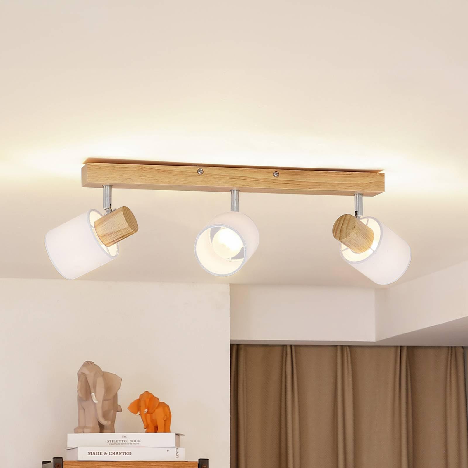 Lindby Faretti LED da Soffitto Orientabili, Lampadario a 3 Lampada Plafoniera per Cucina Soggiorno Camera Letto Luci E14 Legno e Tessuto Bianco Moderno Scandinavo