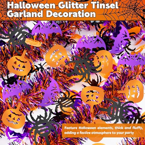 Image of 50 FT Halloween Tinsel Garland, Glitter Tinsel Garlands with Pumpkin Bat Spider, Metallic Holiday Hanging Streamers for Halloween Party Supplies Indoor Outdoor Decoration