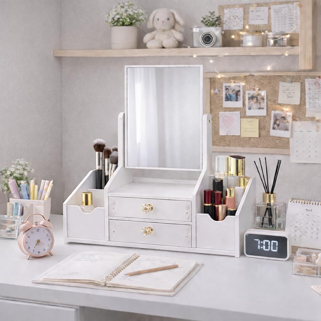 Makeup Organizer with Square Mirror, Vanity Organizer with Drawers and Compartments, Countertop for Skincare, Cosmetic Display Case for Bathroom or Dresser Storage