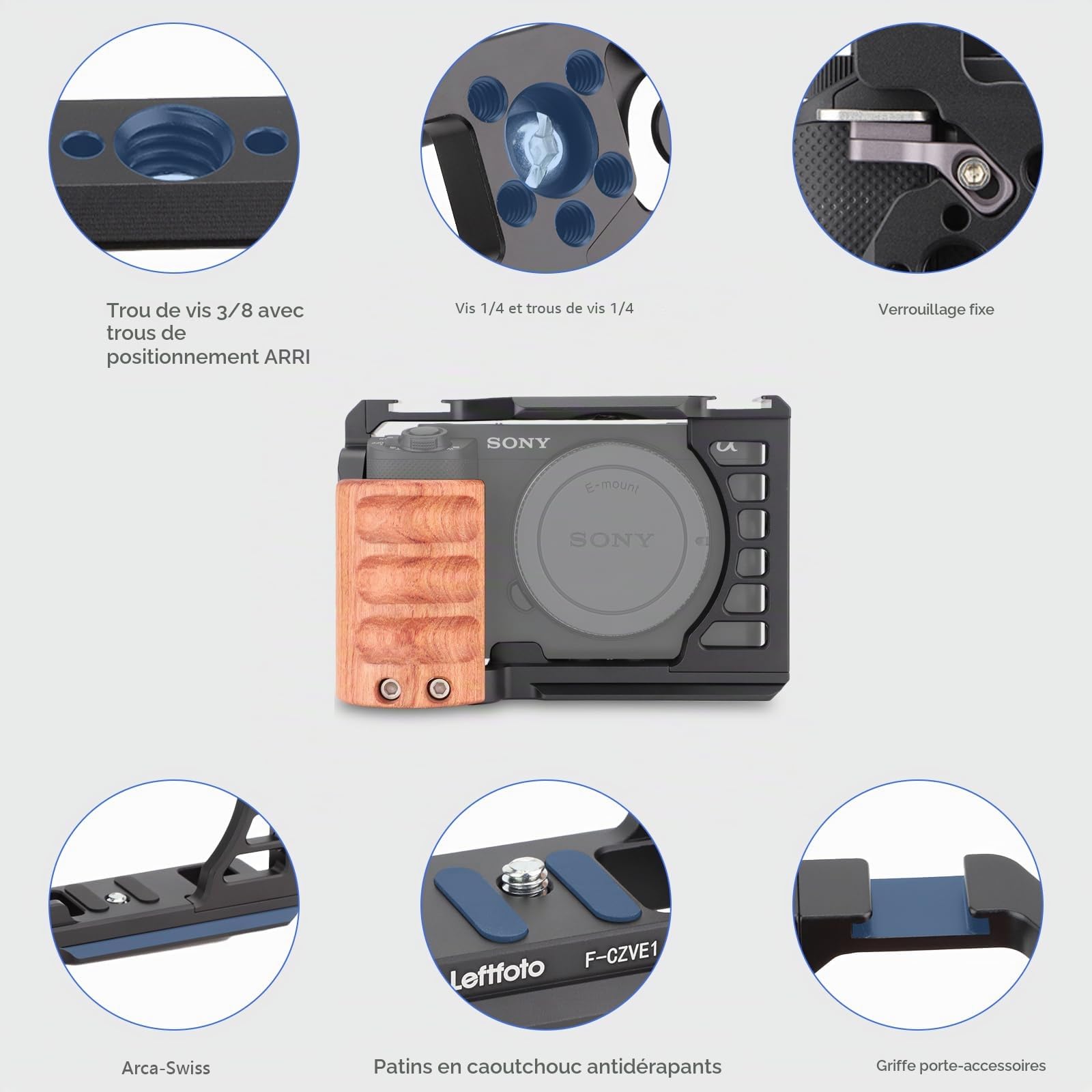Leftfoto ZV-E1 F-CZVE1 Cage pour caméra complète avec poignée en bois pour cadre de prise de vue vidéo Sony Alpha ZV-E1 avec base de type Arca de 3/8" trous ARRI à double verrouillage