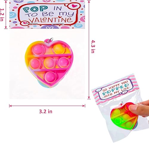 Miniatura 2 de 28 tarjetas de corazón de San Valentín con llavero de juguete sensorial Push Pop Fidget, juego de burbujas para presionar, juguetes para aliviar el