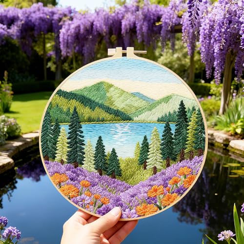 Image of BEUNITONE 4 Set Forest Pattern Embroidery Kit for Adult Beginners Scenery Pre-Printed Designs Cross Stitch Kits, Needlepoint Kits for Adults, Handmade Embroidery for Home Decor 20x20cm