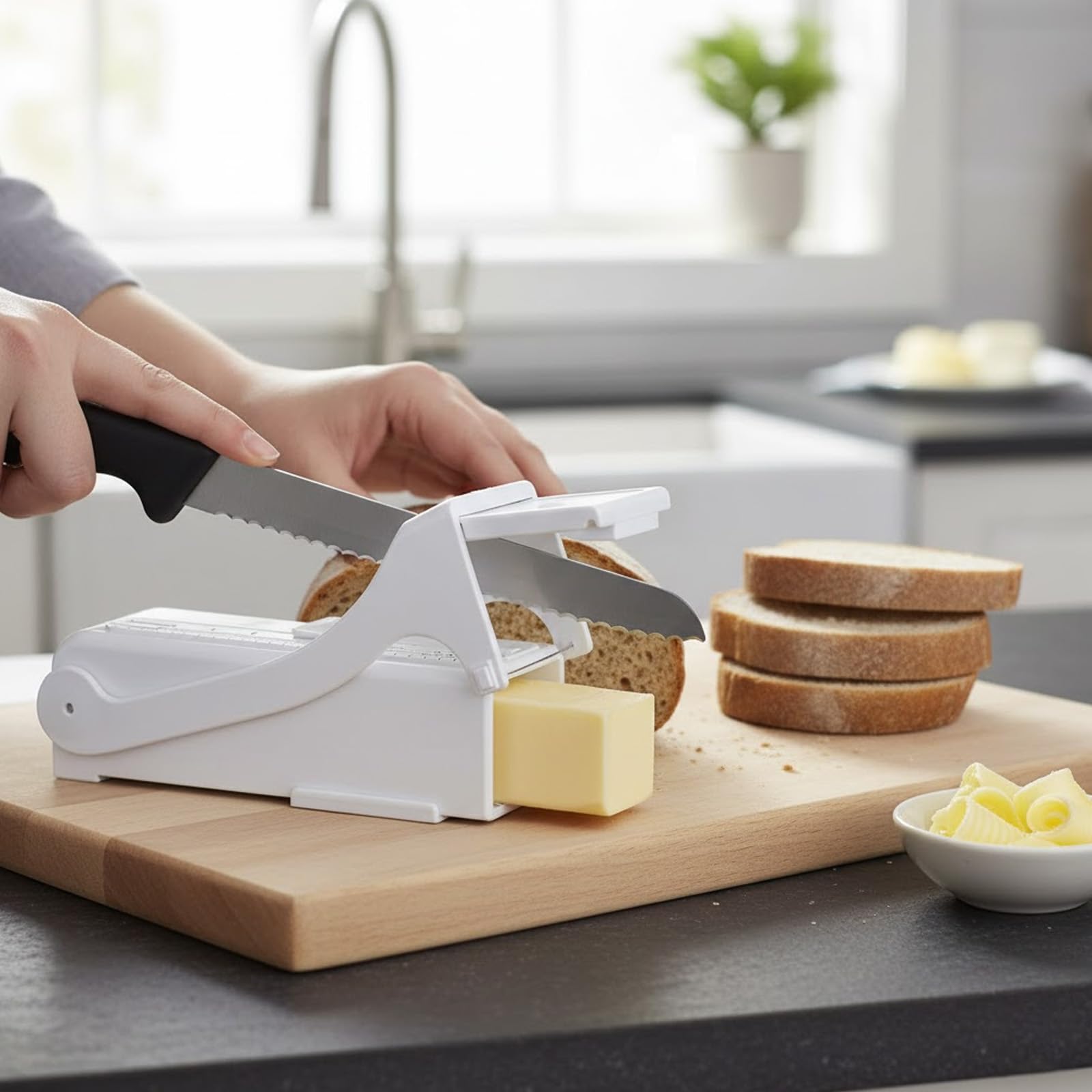 Affettatrice per burro, dispenser per misurazione e conservatore, affettatrice per burro con un clic, taglierina per burro, spargitore regolabile, cavo in acciaio inox, custodia per la conservazione