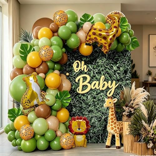 Image of Jungle Safari Balloons Arch Garland Kit, Sage Green Brown Yellow Animal Print Balloons Palm Leaves for Wild One Safari Baby Shower Tropical Woodland Birthday Party Decorations