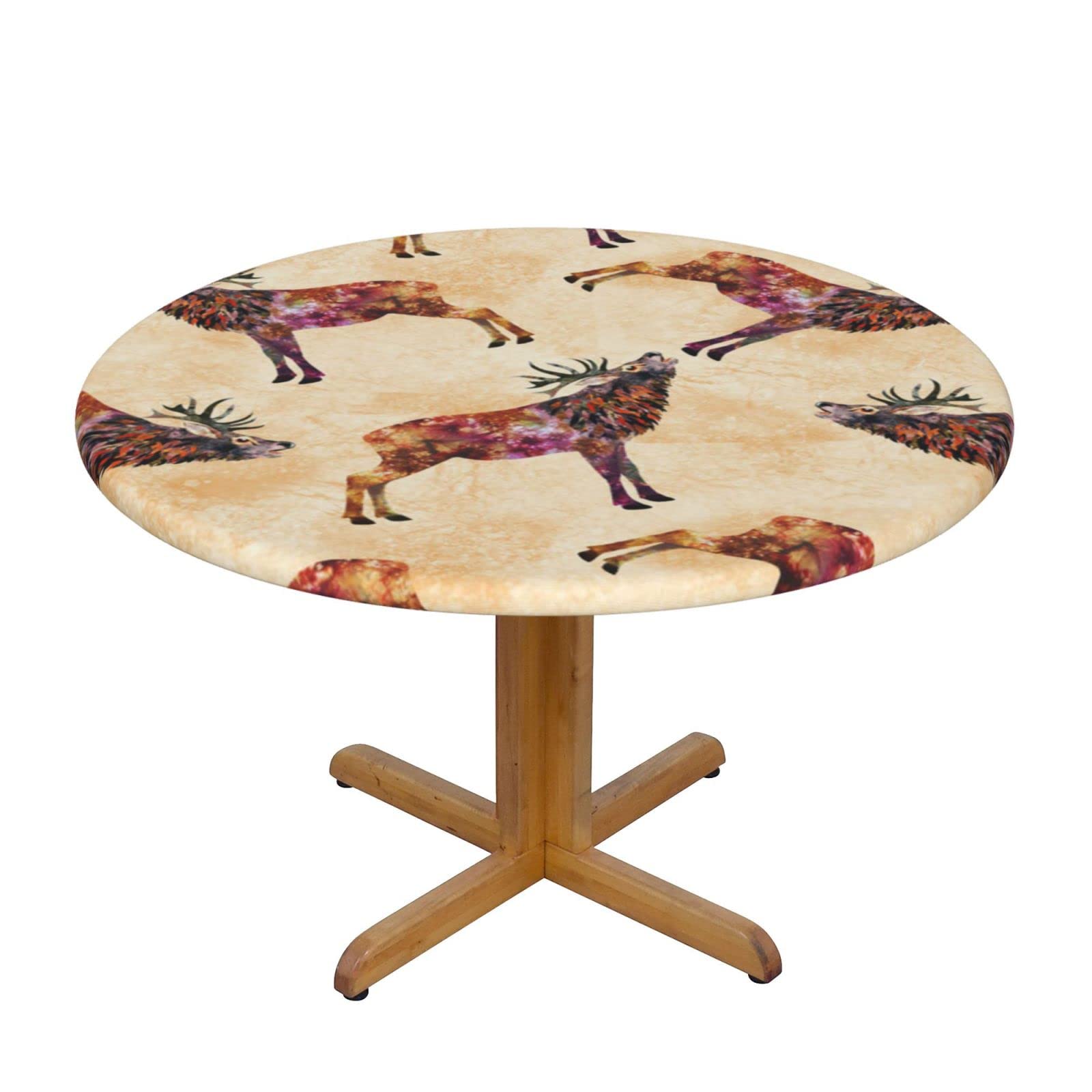 Lsjuee Round Fitted Tablecloth 45-50in Elastic Edged Table Cloth for Kitchen Dining Party Home Decor - Colorful Elk Deer