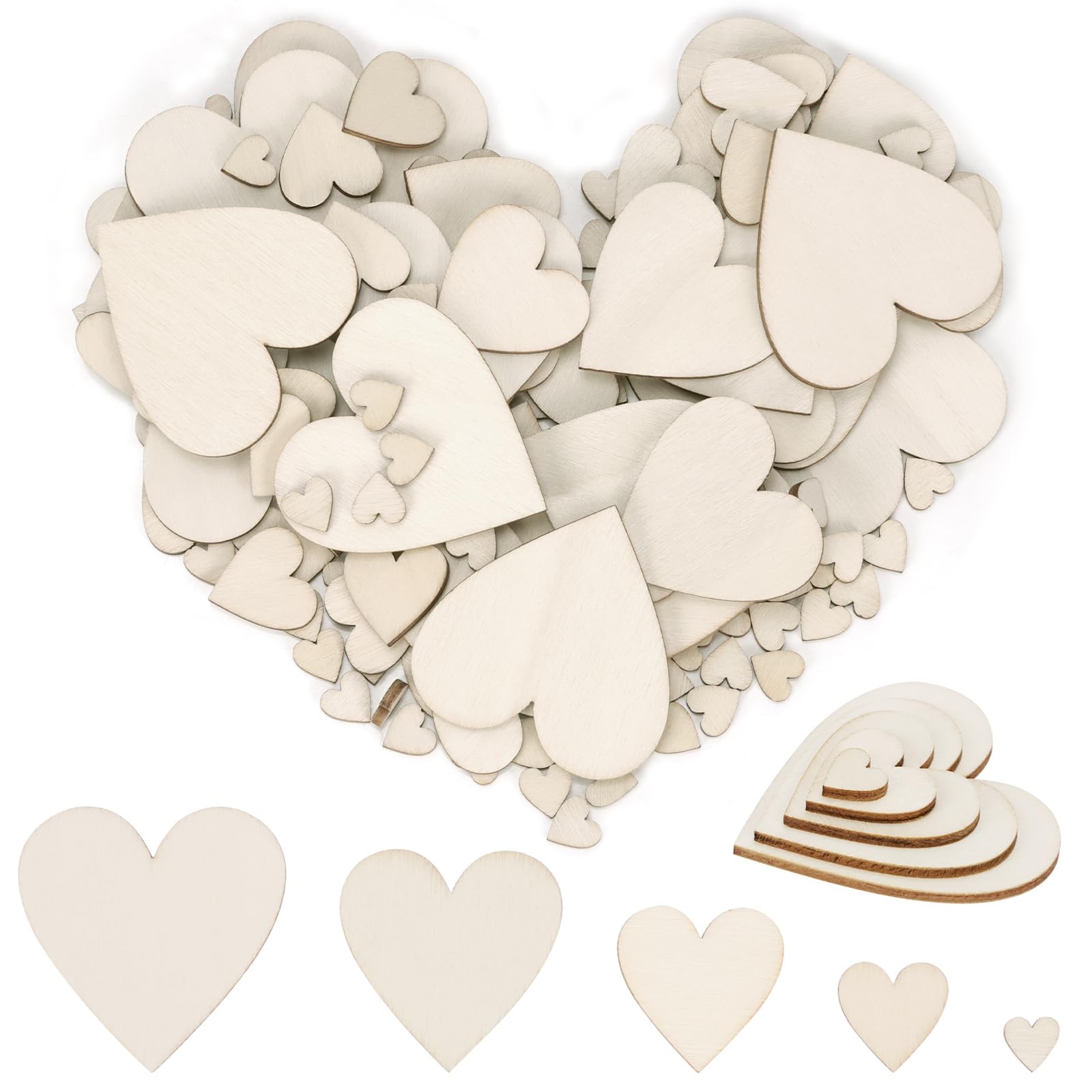 Swpeet 300Pcs 5 Sizes Unfinished Wood Heart Cutouts Assortment Kit, Blank Wood Heart Slices, Wooden Heart Ornaments, Wooden Heart Shaped