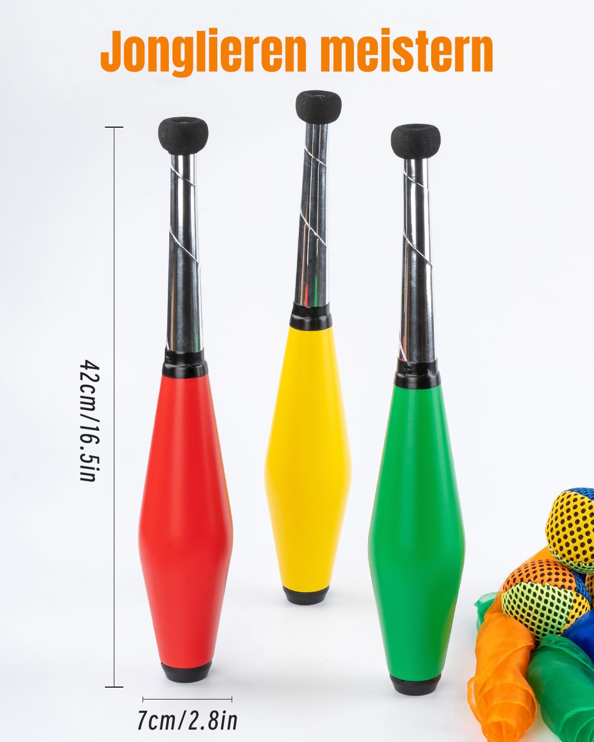 Jonglier-Starterset 4-in-1 mit 3 Bällen, 3 Tüchern, 3 Ringen & 3 Keulen für Anfänger