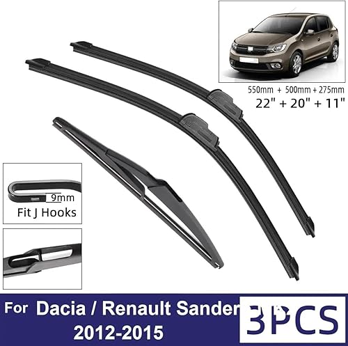 Miniatura 3 de Juego de limpiaparabrisas delantero y trasero compatible con Dacia Renault Sandero MK2 2012-2014 parabrisas ventana 22, 20, 11 pulgadas