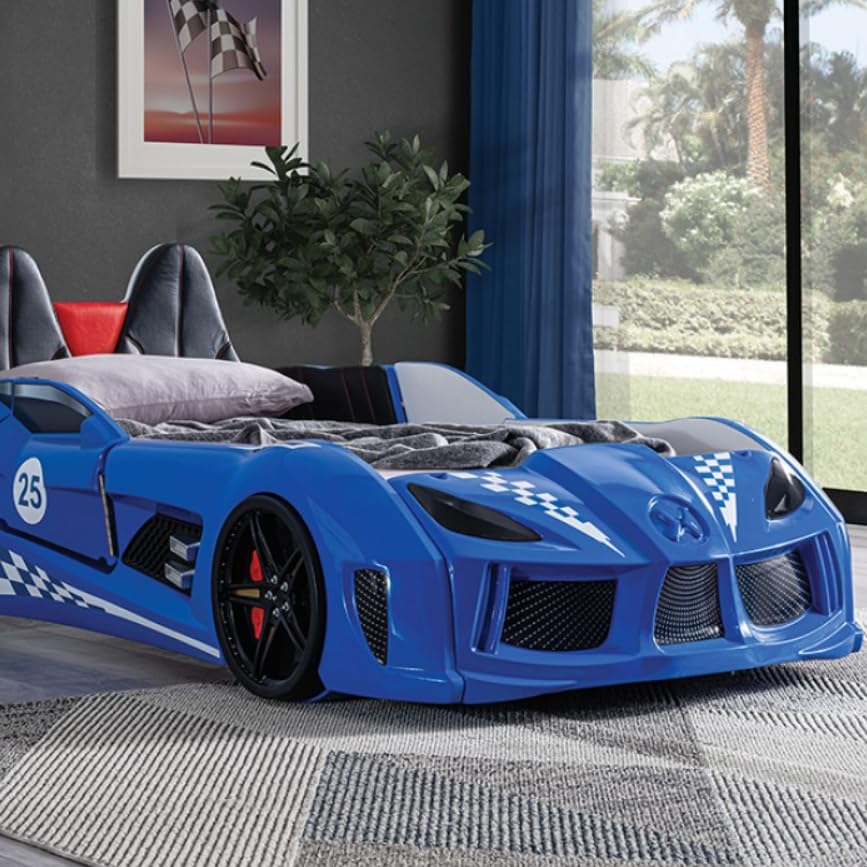MASARA Race Car Bed Twin Size for Boys, Blue | LED Lights, Bluetooth Speaker, Magnetic Opening Doors, Headlights