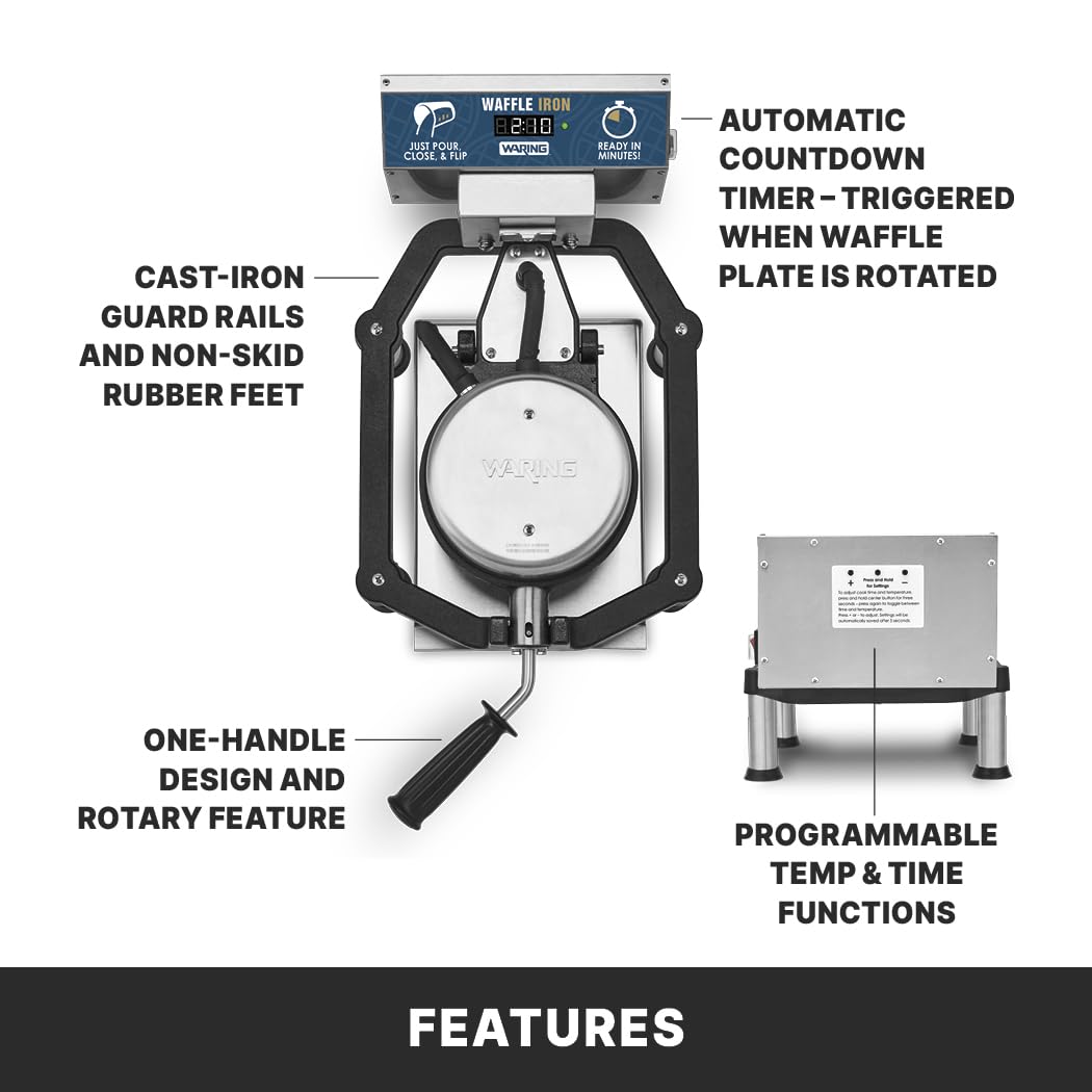 Waring Heavy-Duty Cast-Iron Belgian Waffle Maker, 30 Waffles per Hour, High-Volume Chains, Continental Breakfasts and Ice Cream Shops, WWHD500