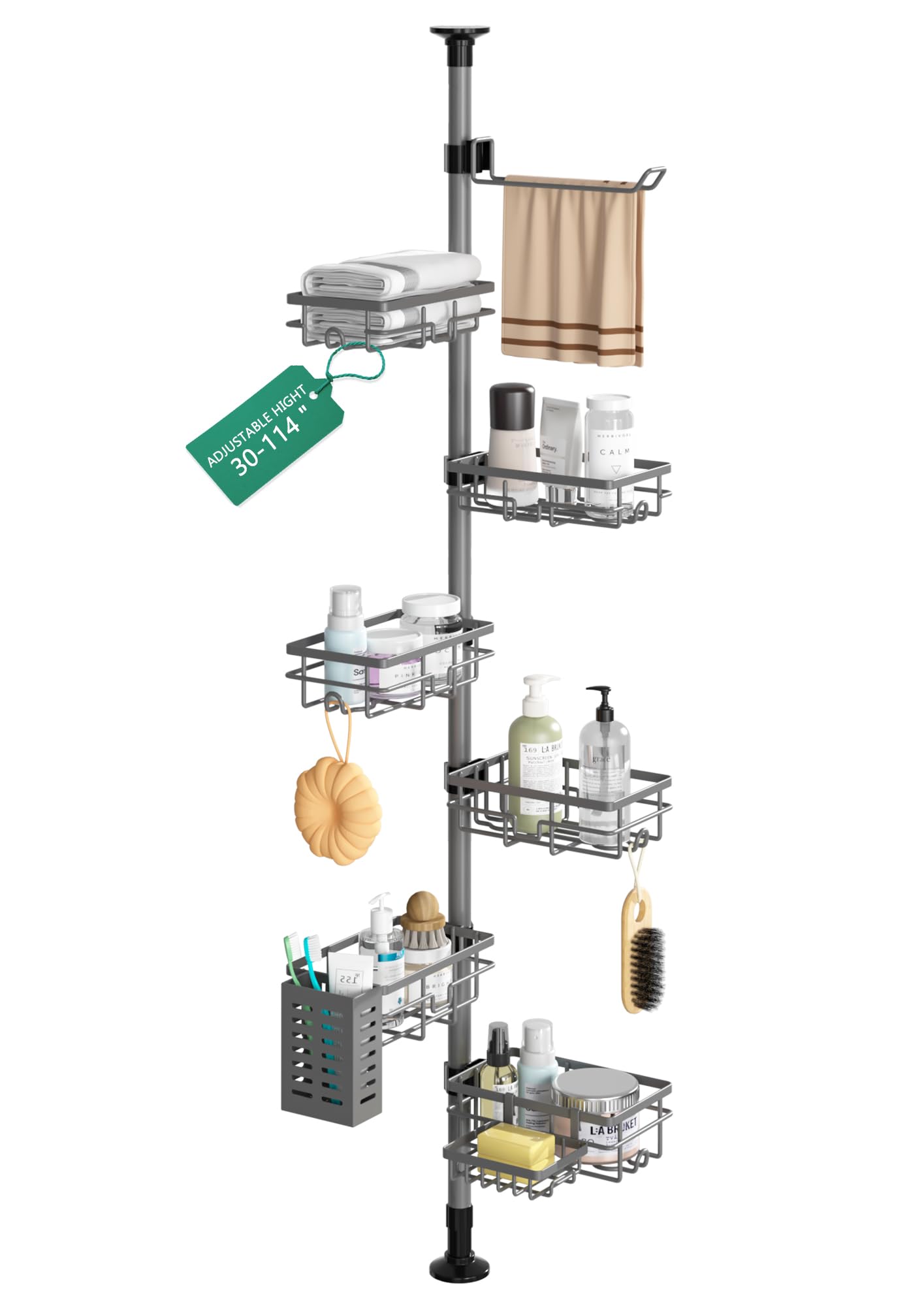 Mixoo 6 Stück Duschablage Ohne Bohren, Teleskop 3.4M Duschregal Eckregal fur Badezimmer, 304 Edelstahl Bad Organizer für Dusche und Badewanne Schwarz (Gewehrgrau) | Höhenverstellbar:30.5-111.9in Teleskopregal für Dusche/Badewanne, Duschablage mit Handtuch