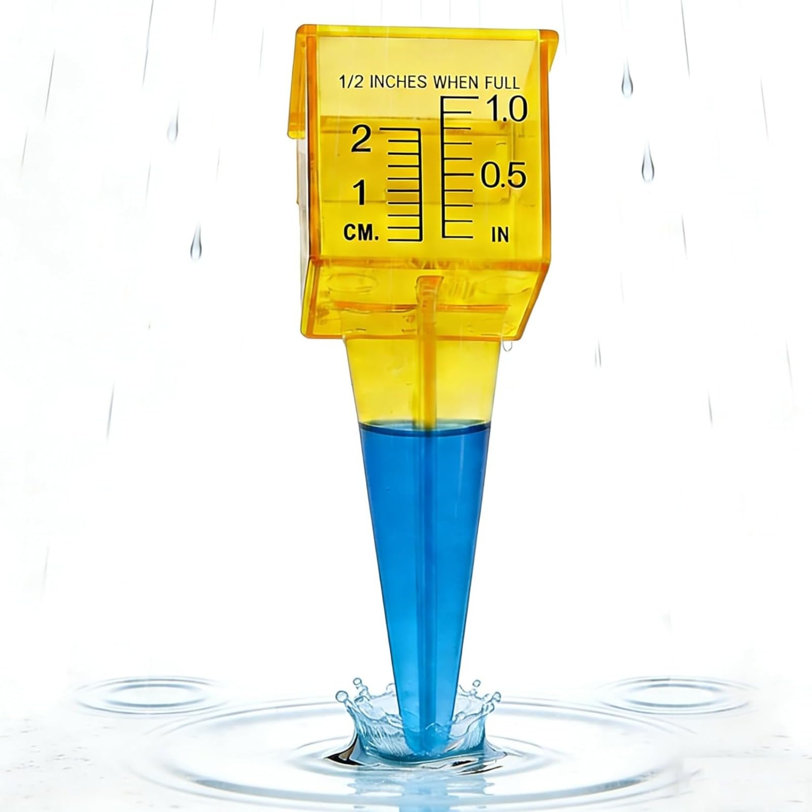 Pluviómetro de 1,5 pulgadas para exteriores con gran apertura, medidor de agua de plástico transparente para césped y jardín, medidor de lluvia de color amarillo brillante, 10 unidades