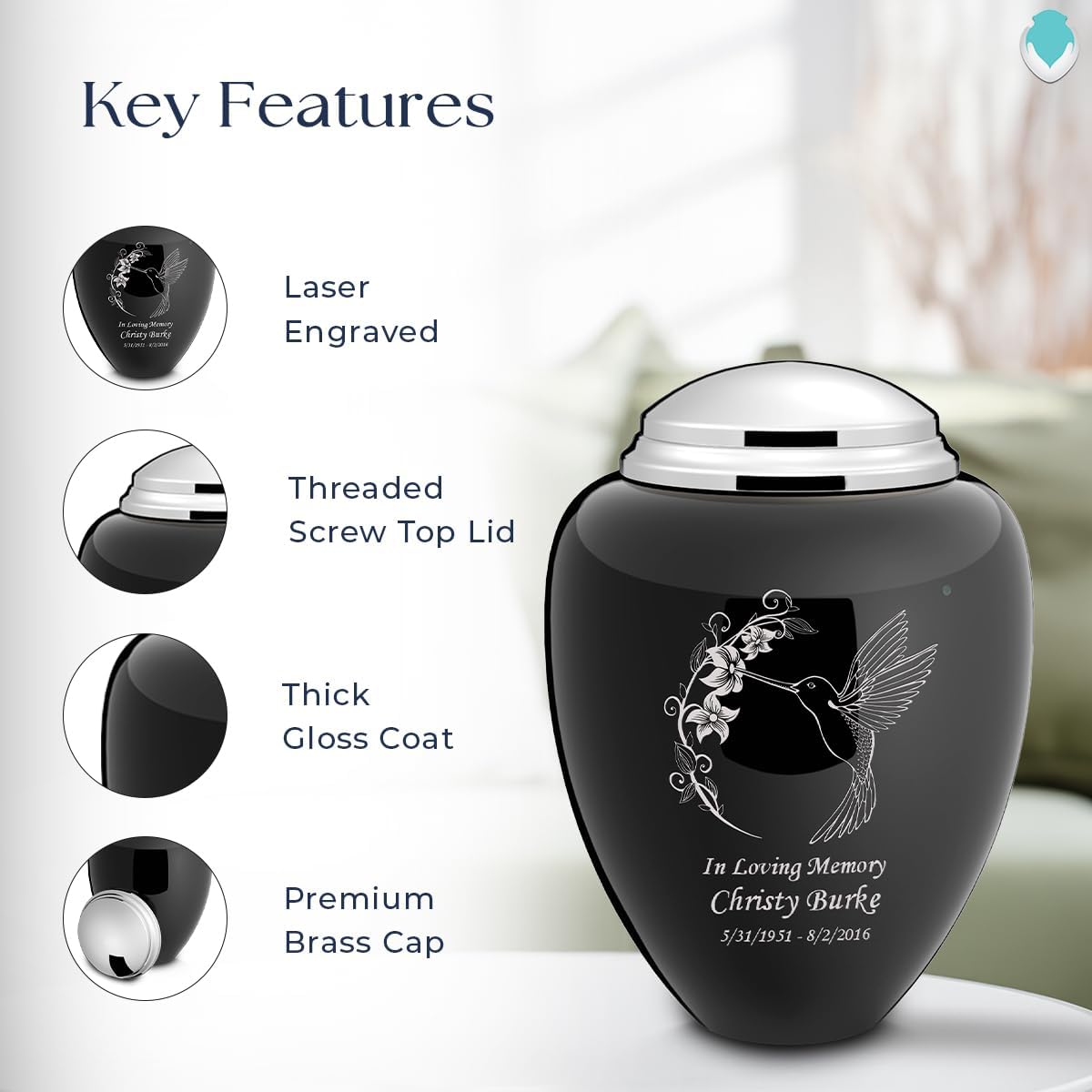 Geturns Tribute Adult Personalized Hummingbird Cremation Urns for Human Ashes I Large Black & Shiny Pewter Funeral Urn for Men and Women I 220 lbs