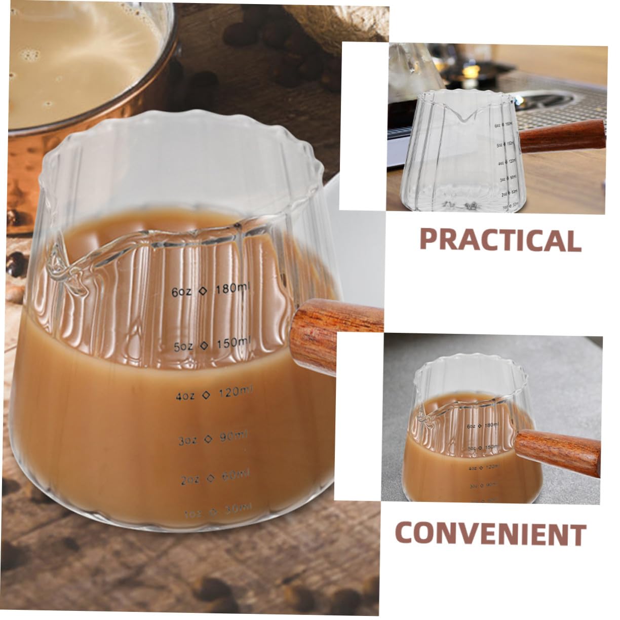 2 piezas Jarras Medidoras para Leche con Mango de Madera Vaso Pequeño para Espresso y Medidor Multifuncional para Cocina Transparente