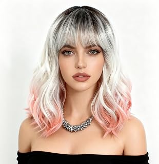 NOBLE Colourful Short Bob Wigs with Bangs for Women 3 Tone Ombre Greyish white root to Pink Color Short Wavy Bob Hair Wig Shoulder Length Synthetic Heat Resistant Bob Wigs