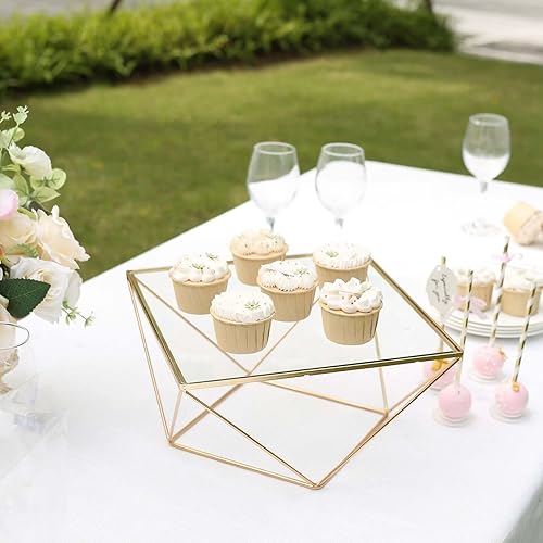 Miniatura 8 de Efavormart - Soporte geométrico de metal dorado de 12 pulgadas, elevador de pasteles dorado con parte superior de cristal, acabado metálico