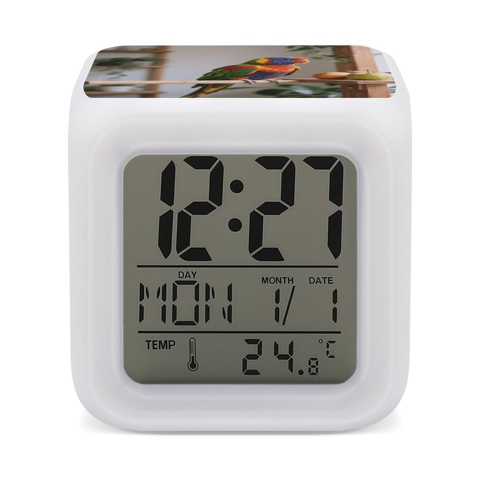 7 Color Ambient Night Light Cube Battery Operated Colored Parrots Digital Clock with Snooze Temperature LED Digital Alarm Clocks Dimmable Wake Up Light Portable Mood Lamp for Bedroom Desk Gift