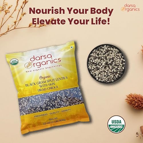 Miniatura 7 de Darsa Organics Frijoles mate negros divididos de 2 libras, Urad Dal Chilka, lentejas partidas de gramos negros con piel  Certificado USDA, sin OMG,
