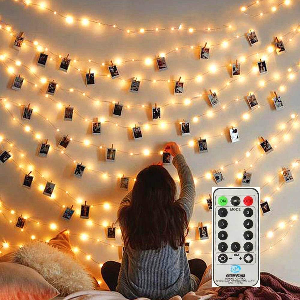 MZD8391 Dimmable 50 Photo Clips String Lights/Holder with Remote Control, Battery Powered Indoor Fairy String Lights for Hanging Photos Pictures Cards Memos, Gift Photo Clip Holder (Warm White)