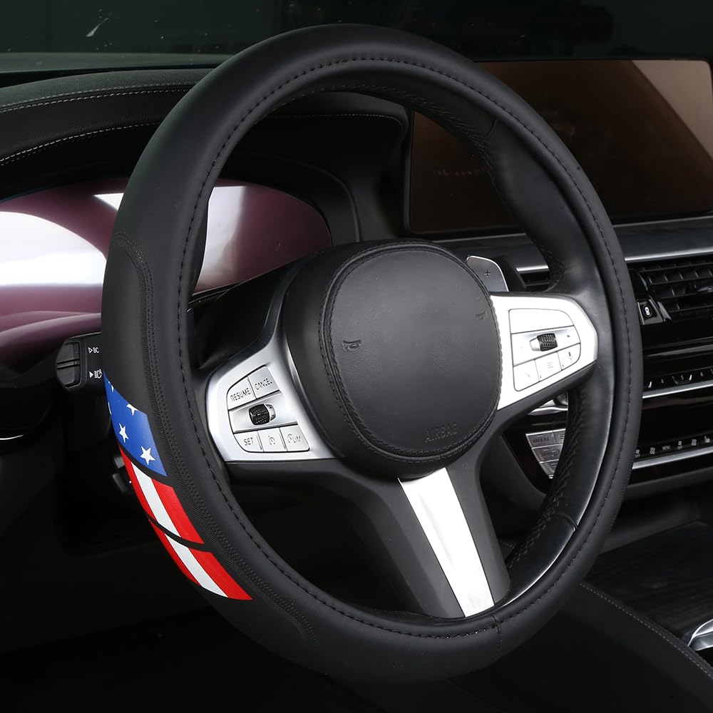 Microfiber Leather Steering Wheel Covers Compatible with Toyota 4Runner Tacoma Tundra Highlander Non-Slip, Breathable 15-16.5 inch - American Flag