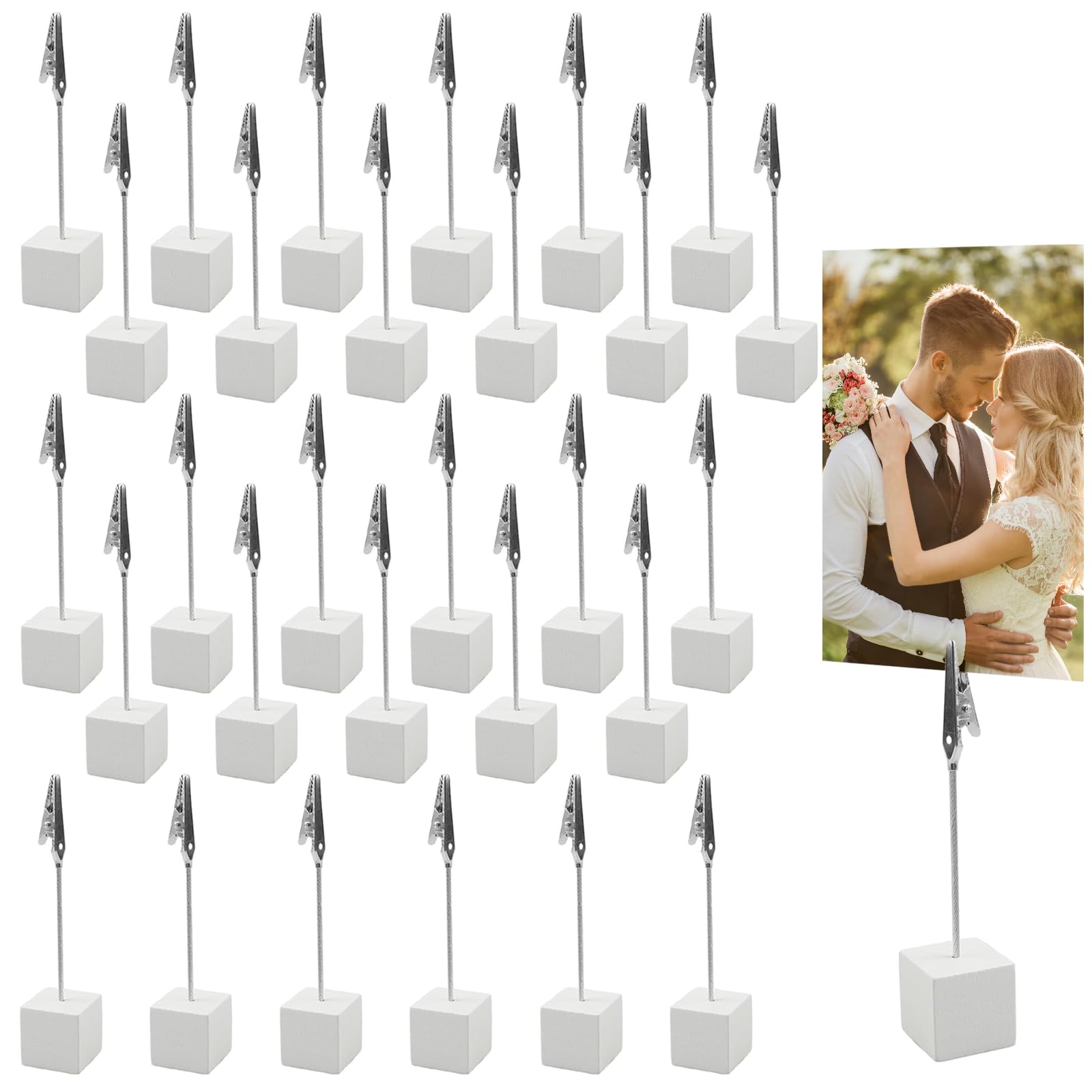 30 Piezas Memo Clip Foto Titular Memo con Pinza y Base Portafotos Pinzas Foto Madera Porta Notas para Oficina Bodas Fiestas Tiendas Restaurantes Decoración de Hogar (Blanco）