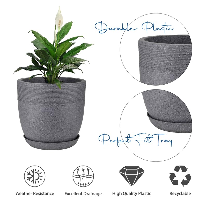 Image of GARDENS NEED Stylish 10-Inch (25.4cm) Grey Granite Marble Look Roto Moulded Plastic Flower Pot with Drainage Hole and Bottom Tray for Indoor and Outdoor Use