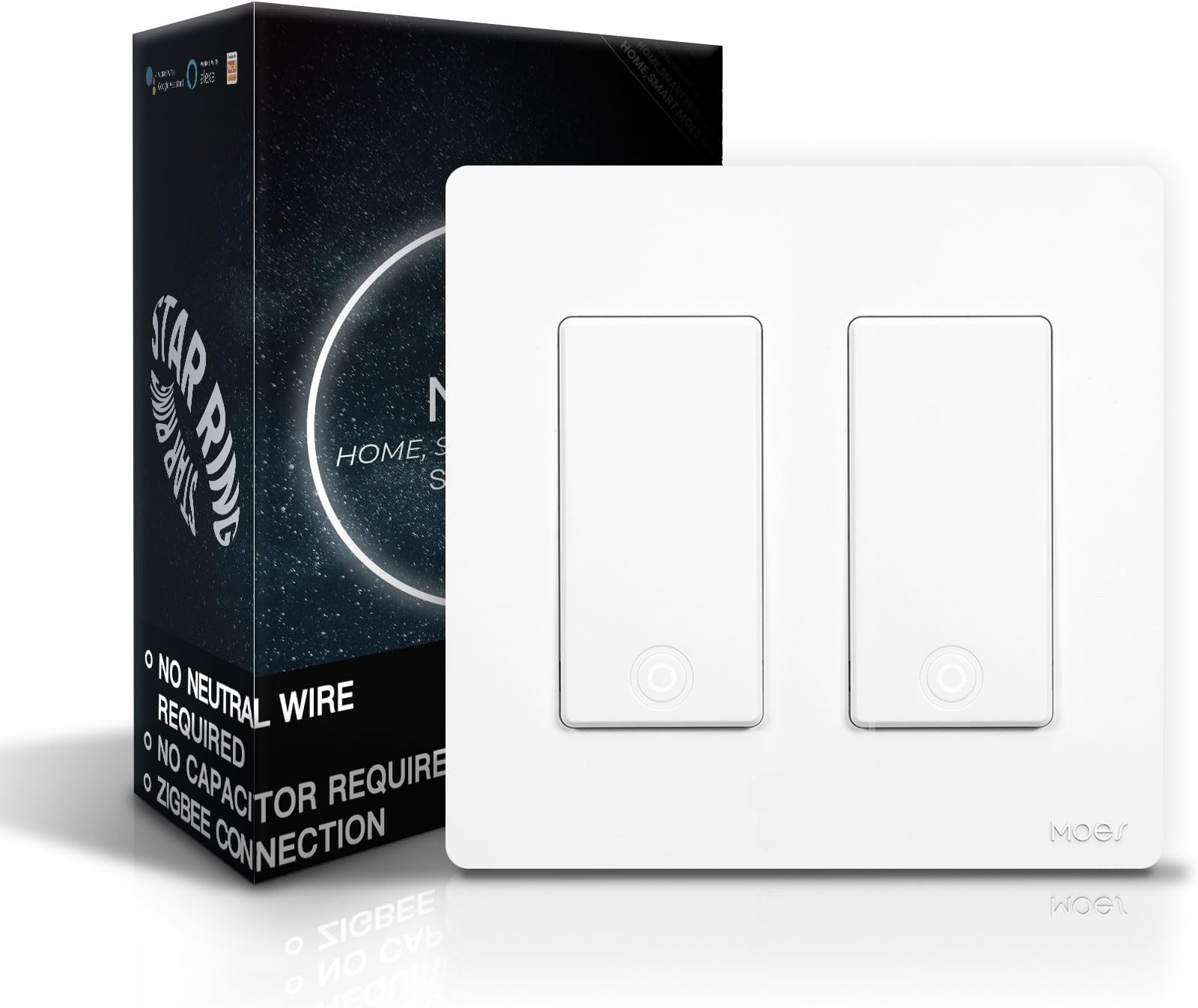 MOES Zigbee Smart Switch 2 Gang, No Neutral Wire Required, Inteligente Single Pole Light Switches, Compatible with Alexa Google Assistant, Remote Control, Require MOES Zigbee Hub