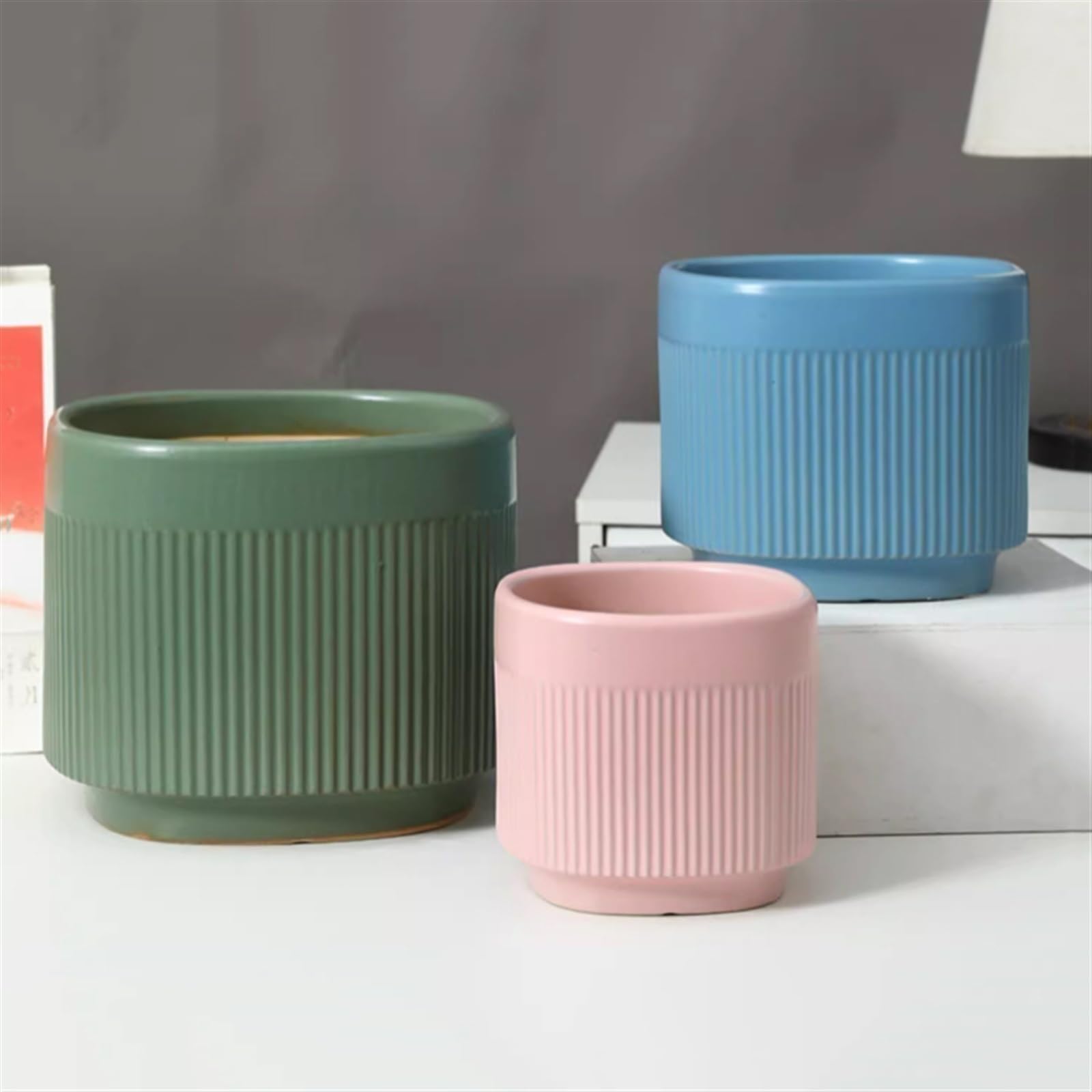 pot de fleur Pots de plantes en céramique épaisse et respirante, bleu-vert avec motif rayé, pots de fleurs de couleur unie, ovales, for l'extérieur et l'intérieur, jardinières de culture vertes cache