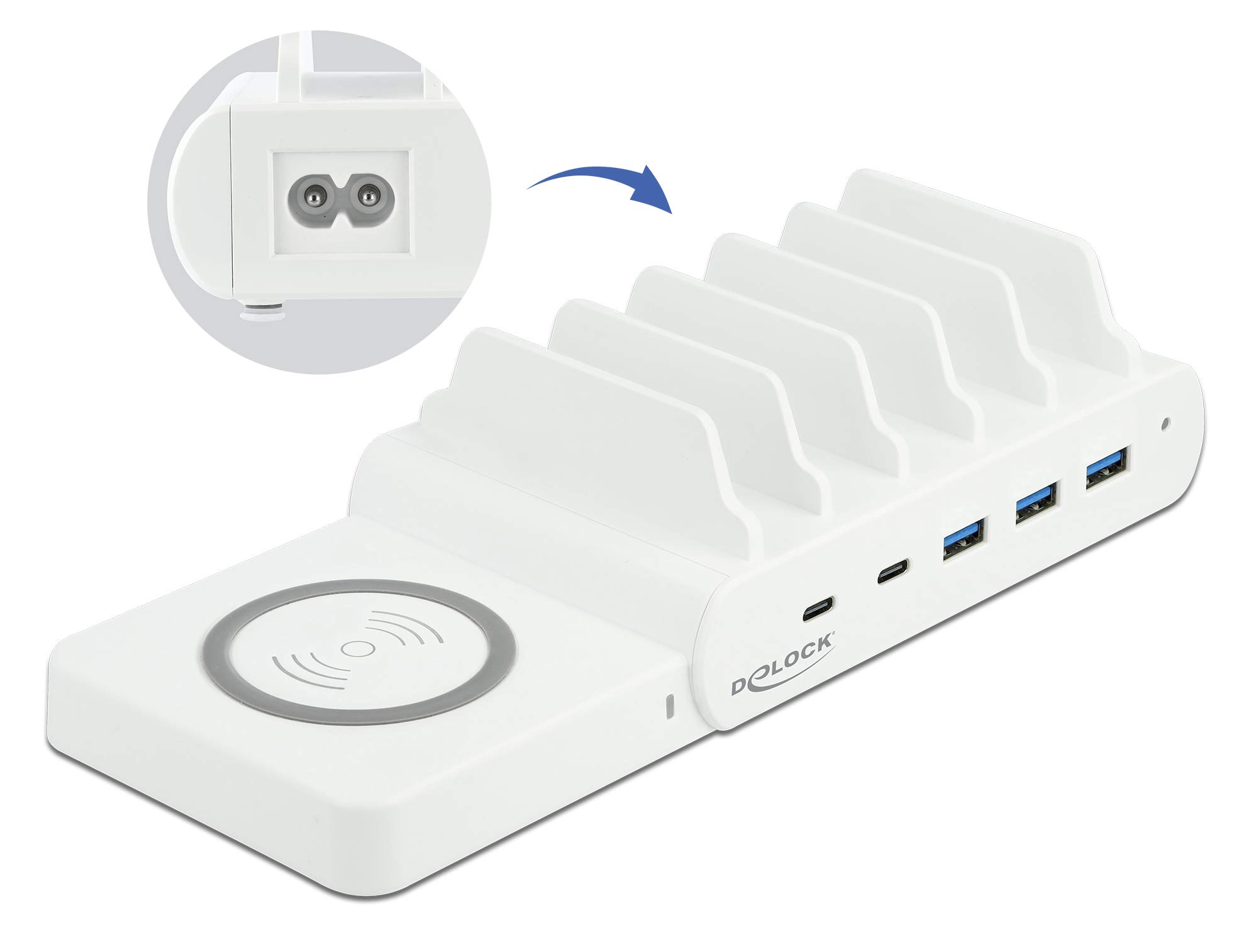 Delock Stazione di ricarica USB 6 in 1 con caricatore wireless, fino a 6 dispositivi contemporaneamente per laptop, smartphone e tablet, (2 USB-C PD + 3 USB A) da 110 W, 41450