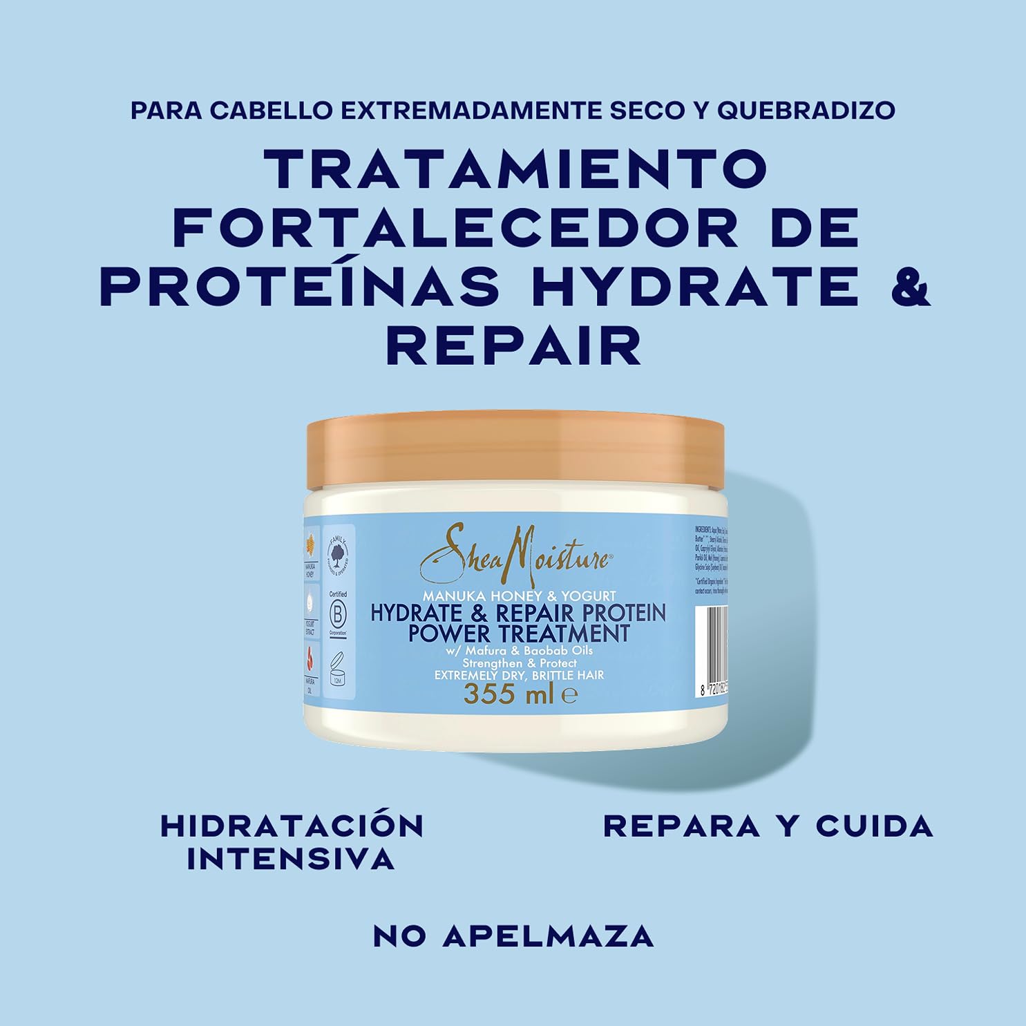 SheaMoisture Mascarilla Hydrate & Repair Protein Power, Cabello Rizado Seco y Dañado, Pelo Más Fuerte, Rotura Reducida, Miel de Manuka, Yogur, Proteínas y Manteca de Karité, 355 ml