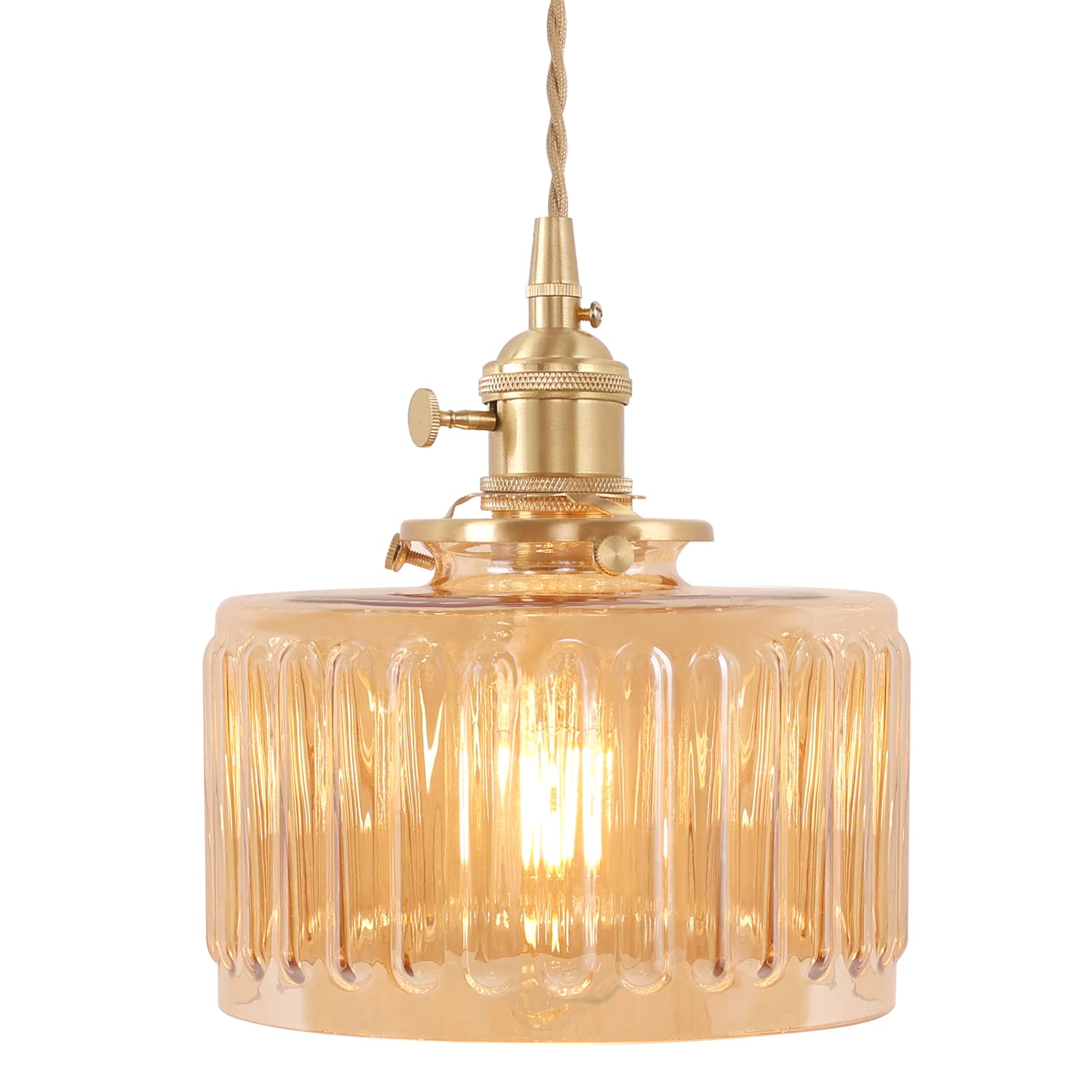 Shenmoyl Pendant Light with Amber Striped Glass Lampshade, Brass Vintage Pendant Light Adjustable Hanging Light for Kitchen Island Dining Room Hallway