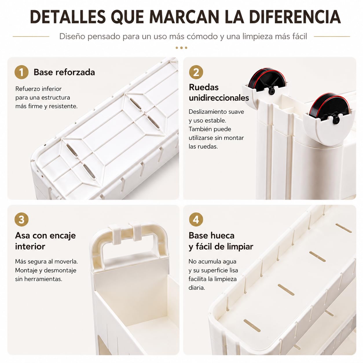 Genérico Carrito Estrecho de Almacenamiento con Ruedas, Estantería Móvil de Plástico con 4 Ganchos para Baño, Cocina, Lavadero, Blanco (73cm)