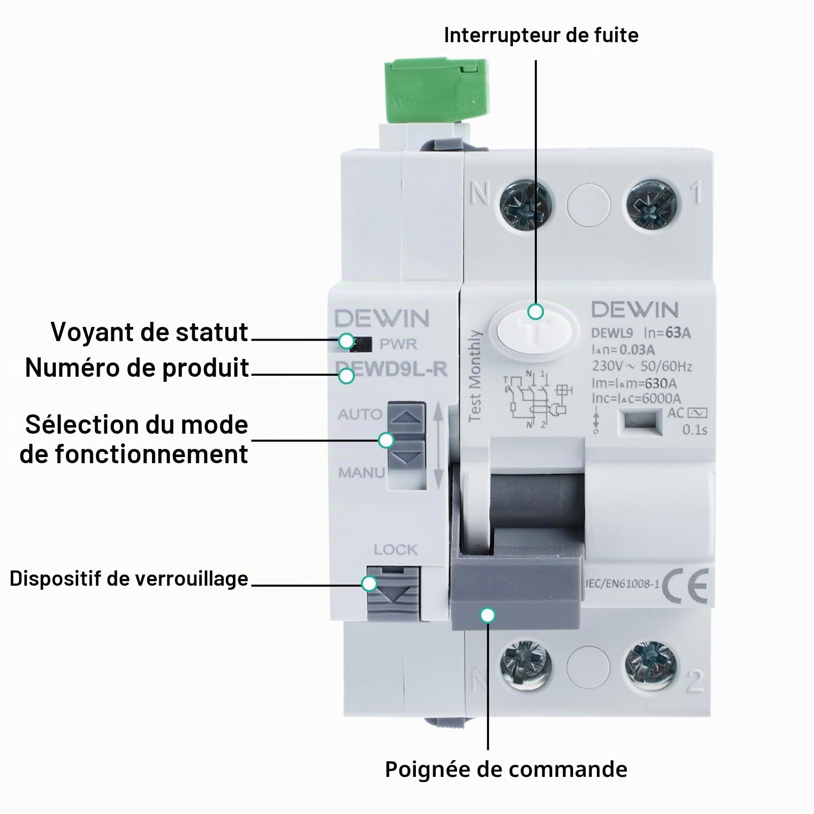 Disjoncteur Differentiel a Rearmement Automatique, RCCB Disjoncteur Différentiel avec Rearmement Smart Circuit Breaker 2P AC 230V 63A 30mA