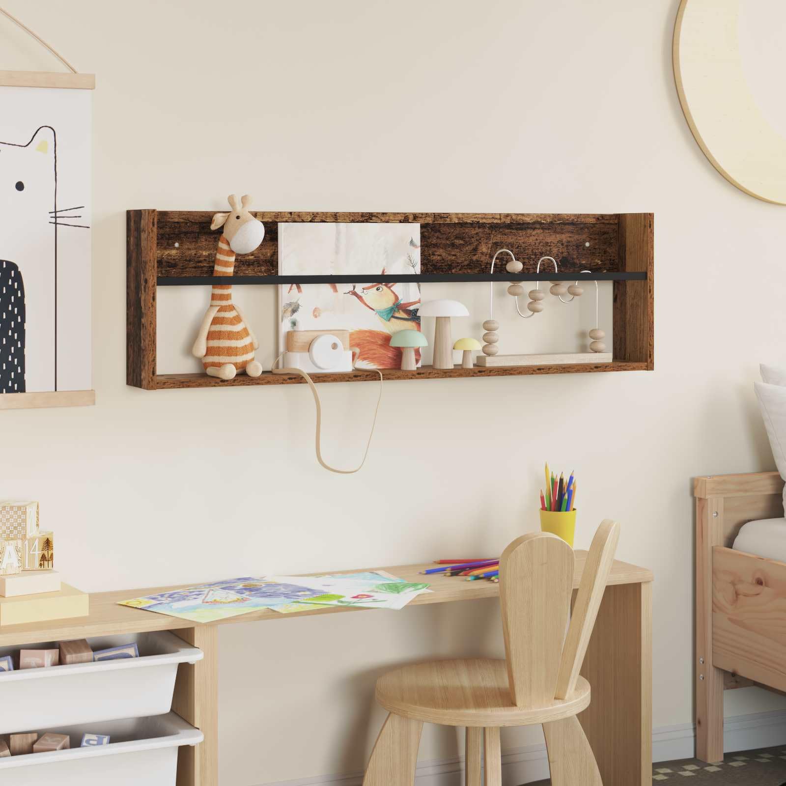 Regał na magazyny, stare drewno, 100 x 12 x 30 cm, materiał drewnopochodny, montowany na ścianie, z regałem, uniwersalny stojak na czasopisma, do salonu, biura, korytarza, praktyczne