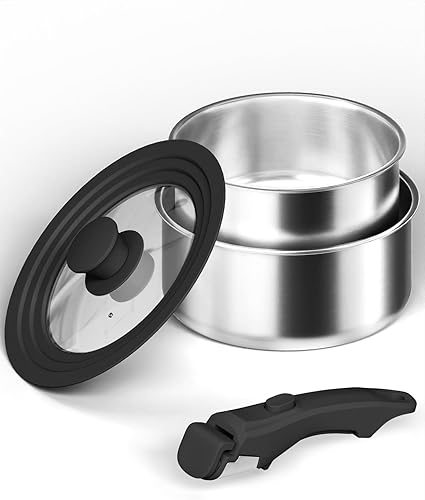 Cacerola de 2.0 y 3.0 cuartos de galón con tapa, juego de ollas de acero inoxidable, juego de utensilios de cocina con mango extraíble, juego de