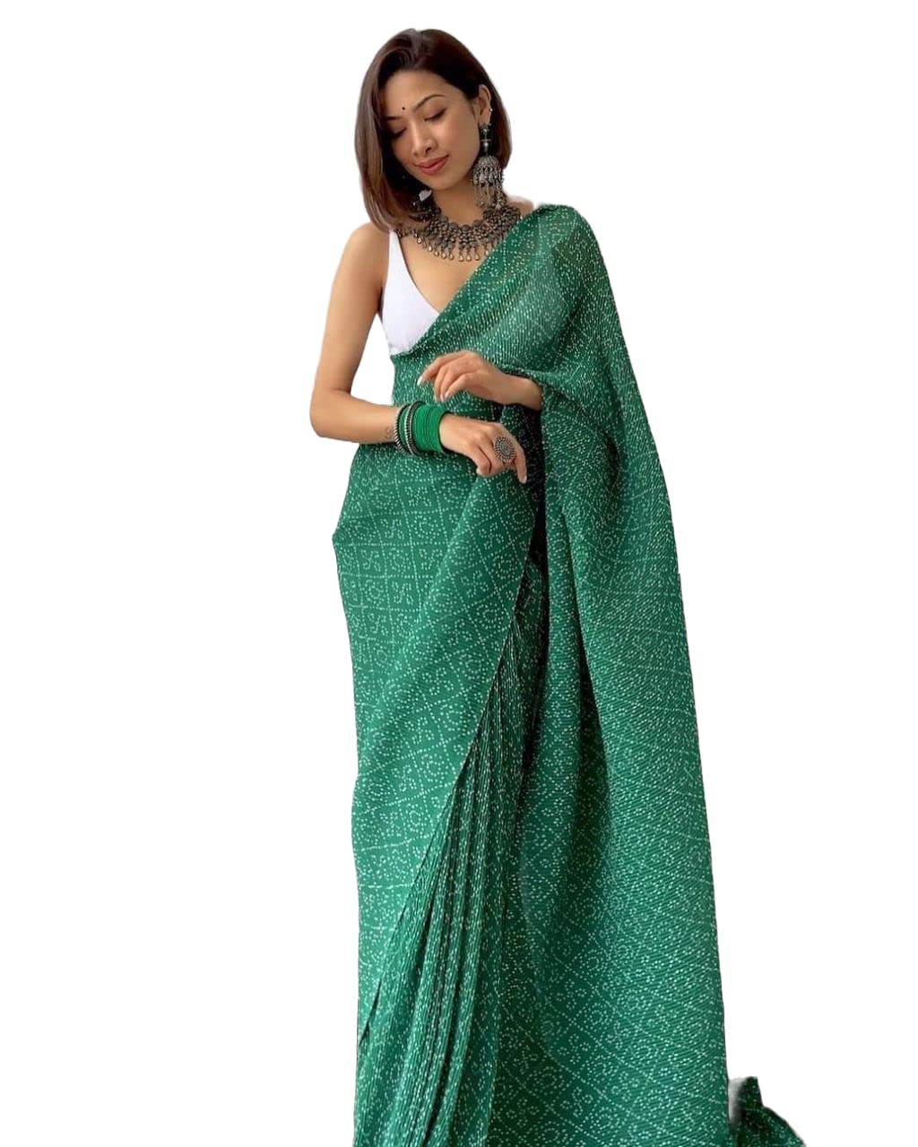 Pandadi SareeWomen's Full Crushed Bandhej Printed Georgette Saree With UnStitched Blouse Piece