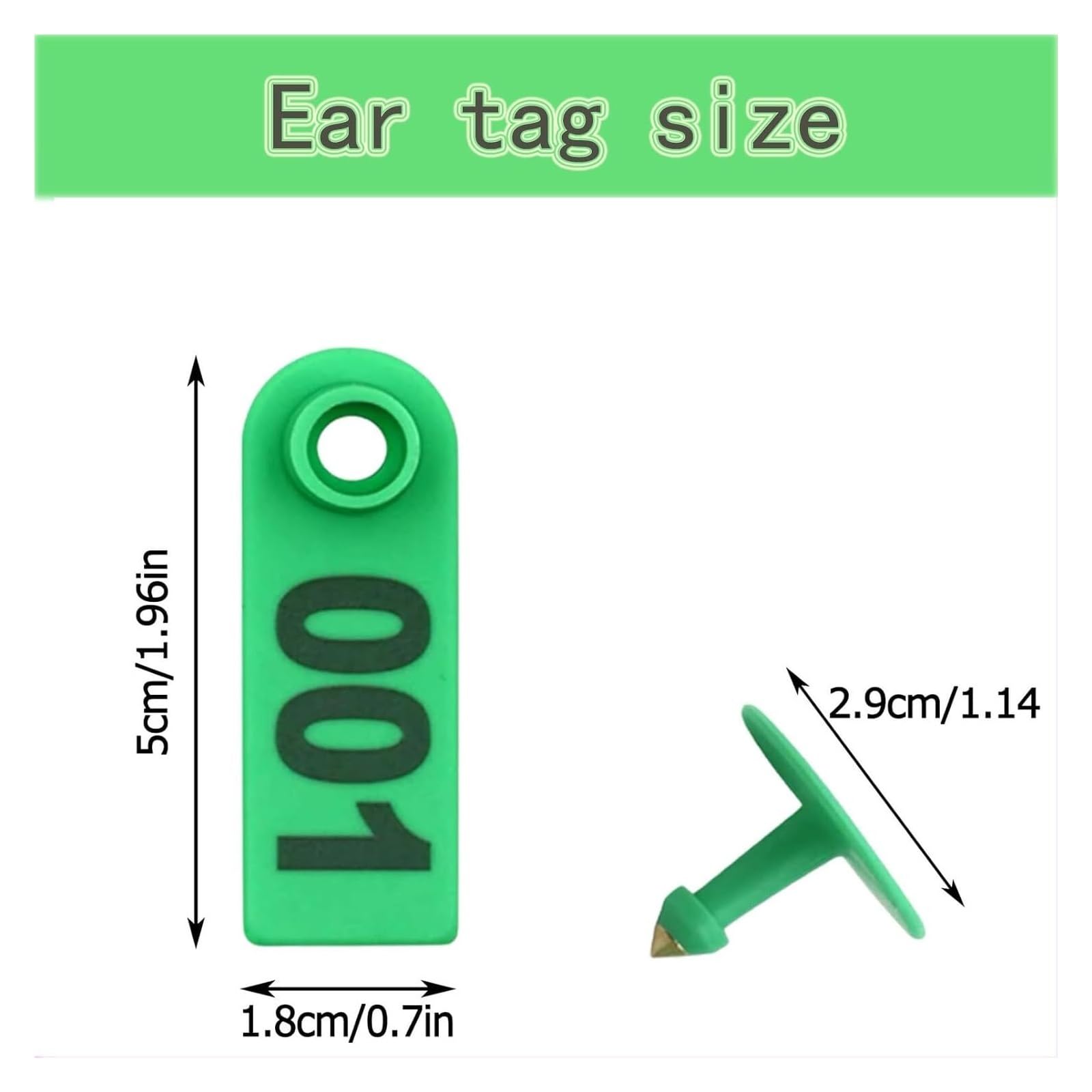 Kolczyki na uszy dla bydła, opakowanie 100 sztuk, 51 x 18 mm, wielokolorowe, ponumerowane 001-100(Green)