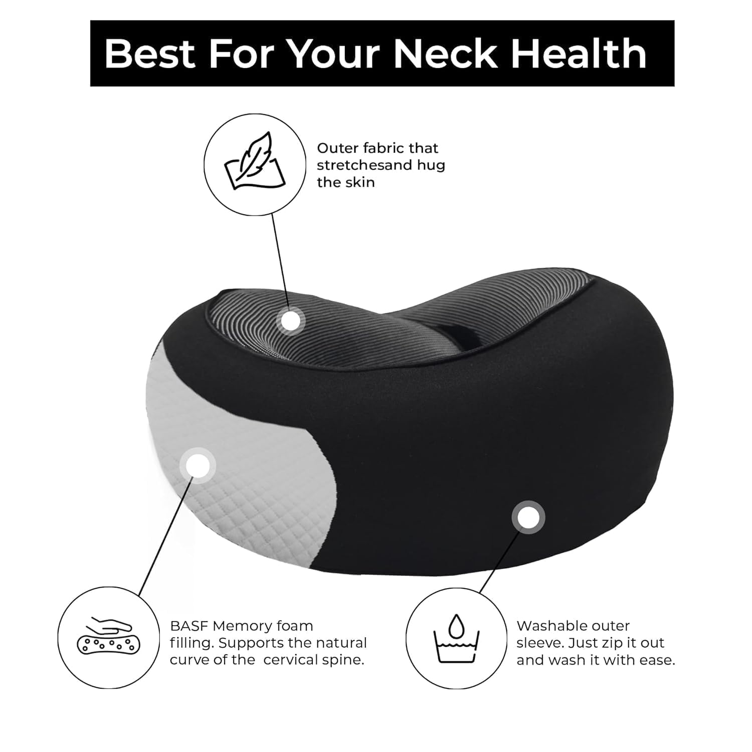 CloudBliss Travel Neck Pillow – Memory Foam Ergonomic Neck Support Pillow for Travel, Adjustable Strap, Washable Cover, Comfortable for Flights, Car, and Long Journeys (Black) 1