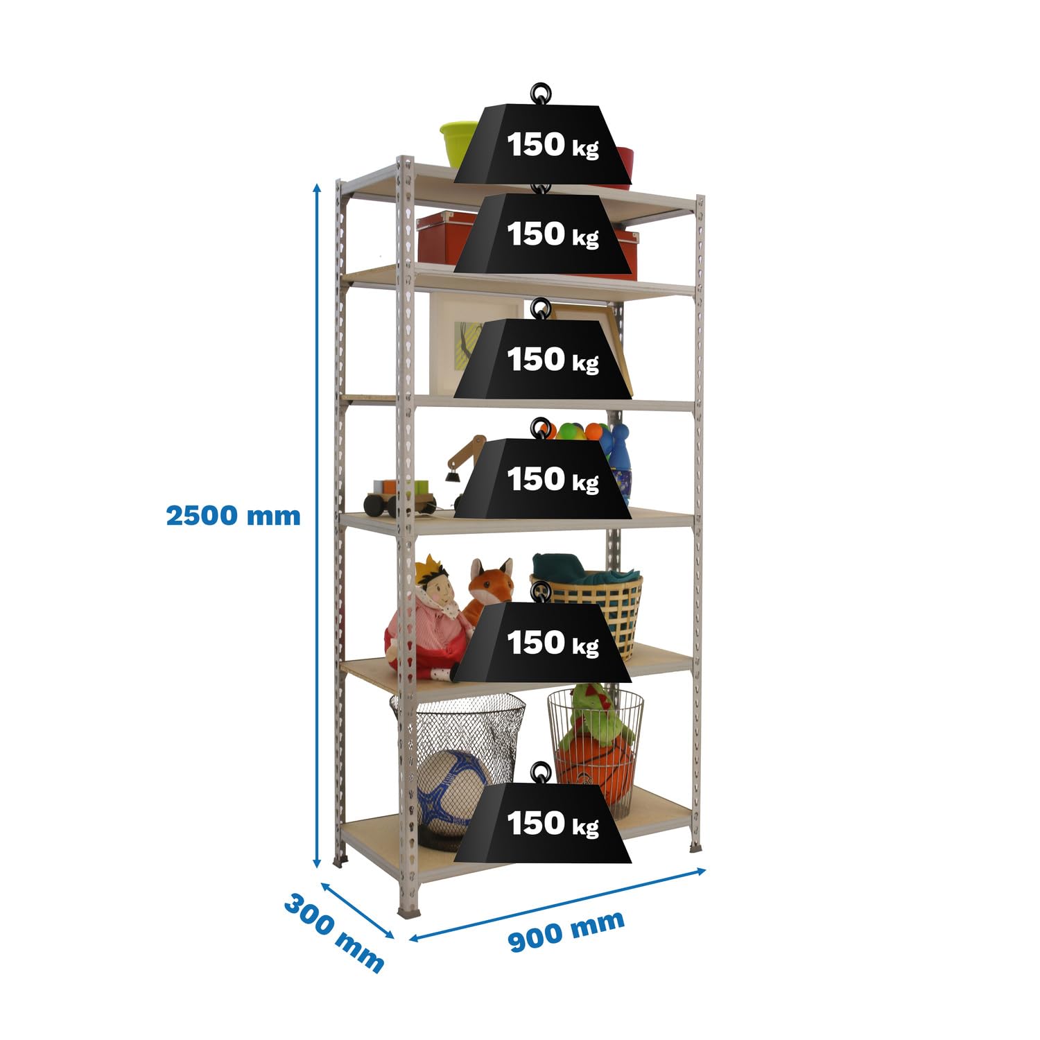 Simon Rack Estanteria Metalica, 2500x900x300 mm, 6 Baldas de Madera, 150 kg de Punto Flexión, Estanterias Almacenaje, Galvanizado/Madera - Maderclick | 6 Alturas, Bandeja Madera, 150 kg de Punto Flexión, Galva , Pintura anticorrosión, Montaje sistema clic