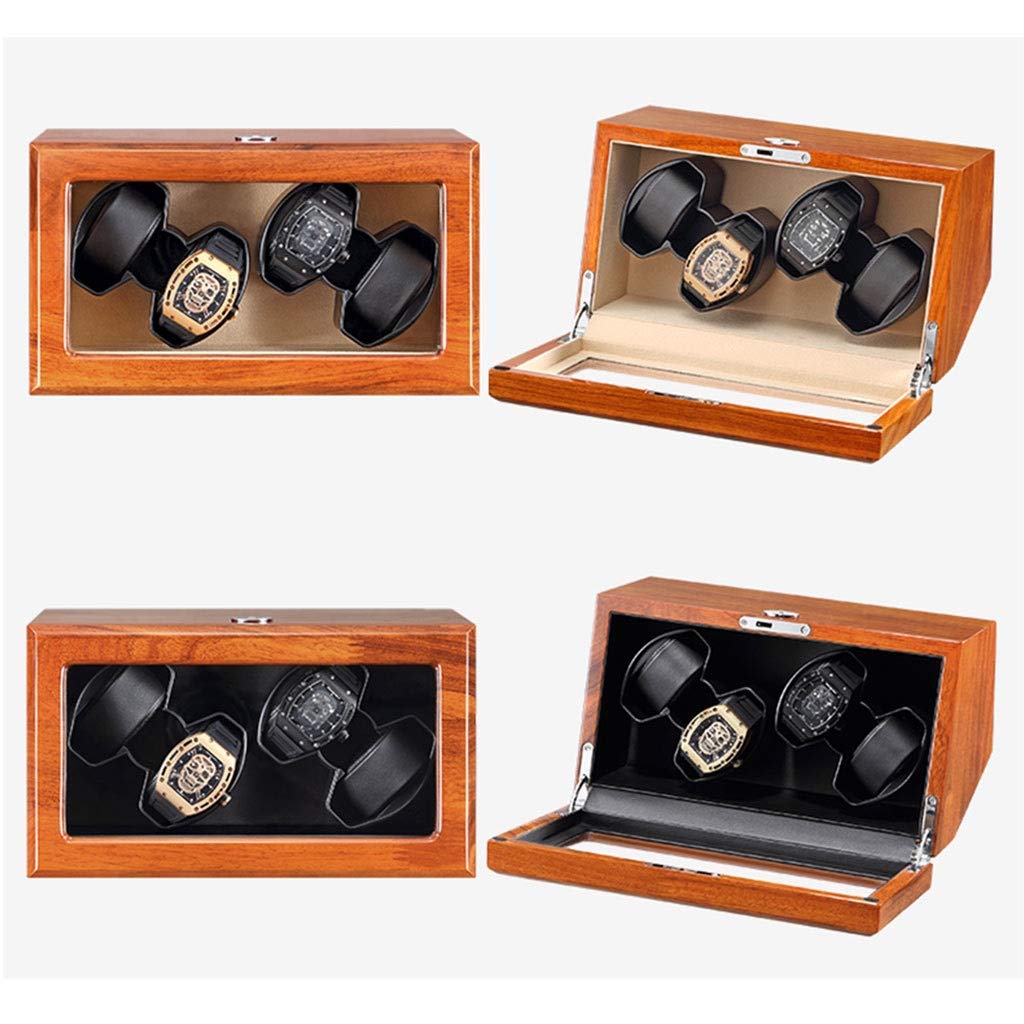 Scatola carica orologi automatica in legno per 4 orologi, motore scorrevole, 5 modalità di rotazione, vetrina per orologi da donna e uomo, con USB e adattatore (fodera in pelle microfibra A)