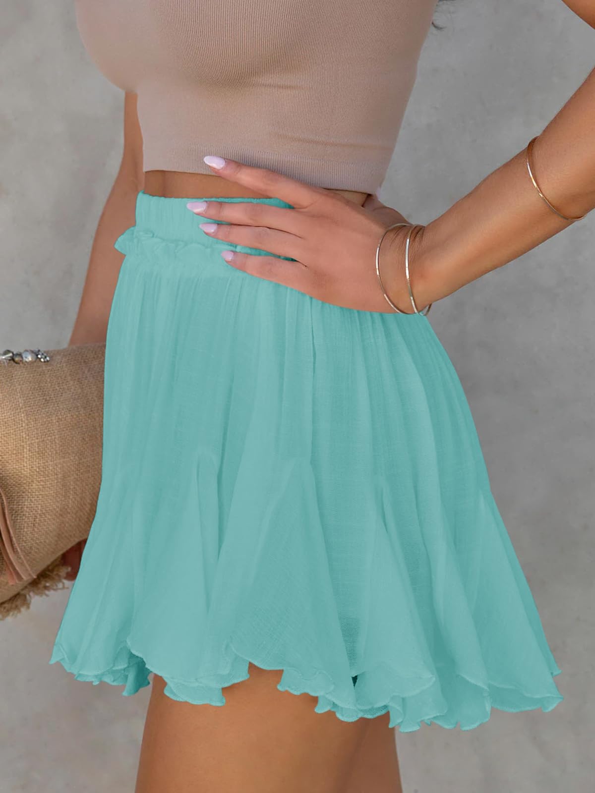 Flowy Shorts for Women Casual Boho Ruffle Skorts Linen Gauze Mini Skirt Tennis Golf Skort with Pockets Country Concert Outfit