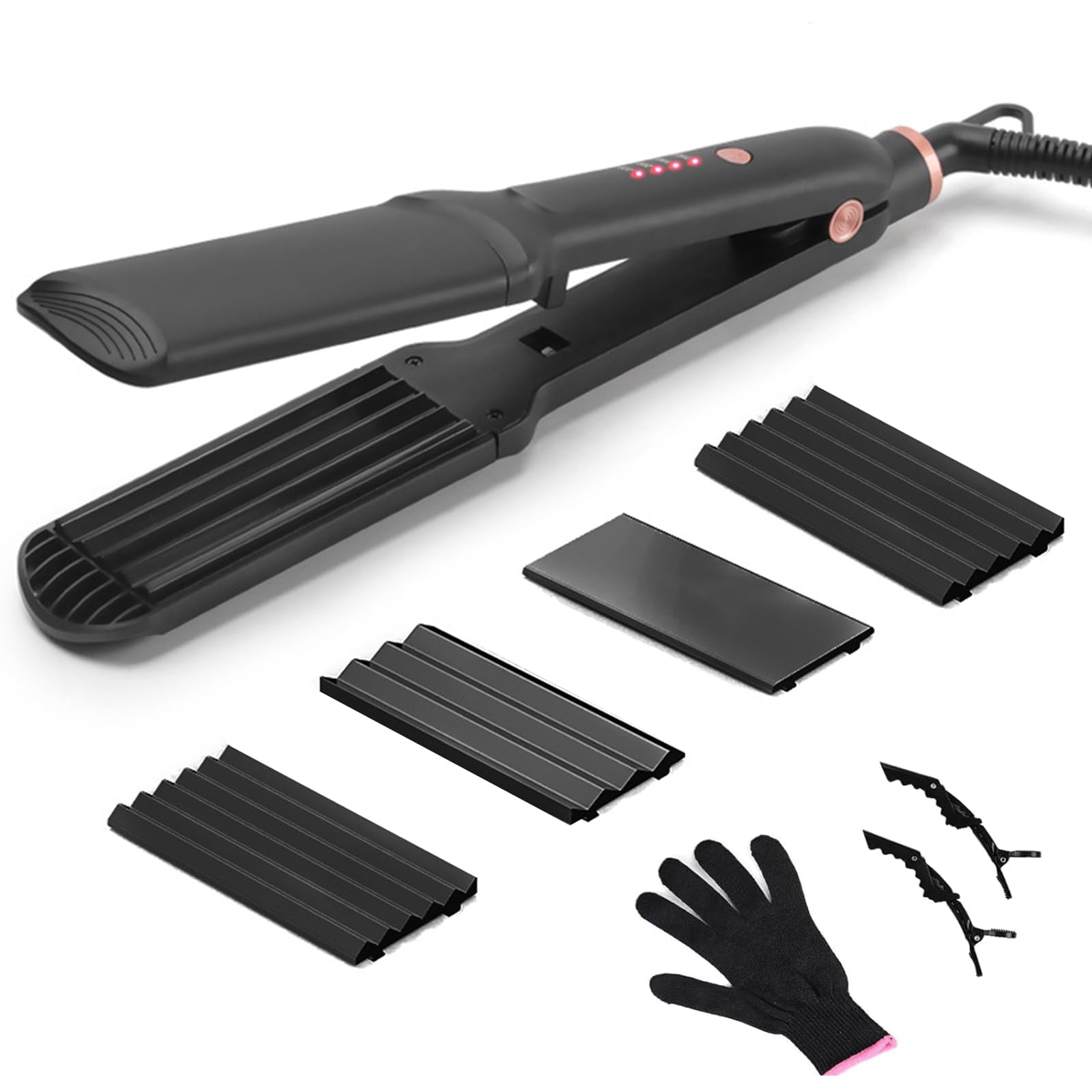 Plancha de crimpar, Plancha Rizadora con 3 Placas Intercambiables para crear volumen y textura, Calentamiento Instantáneo, Ajuste de Temperatura, Cerámica Plancha de Pelo para Alisar e Rizar (Negro)