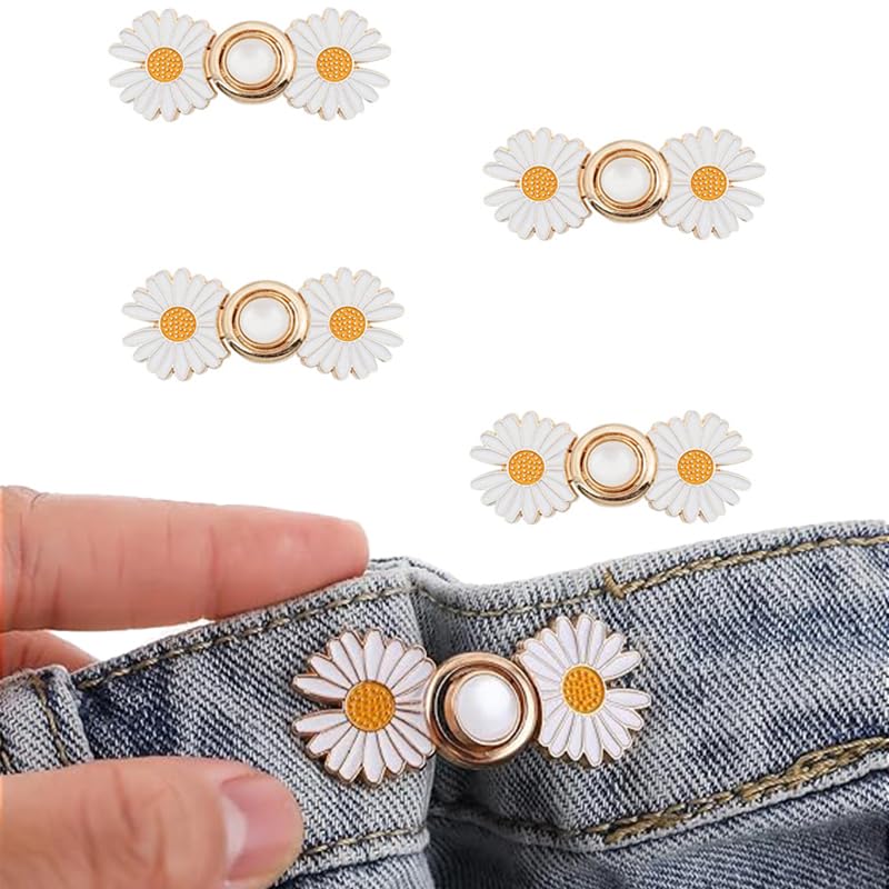 Zibuyu® 4 Set Jeans Daisy Waist Adjusters, Flower Alloy Waist Adjusters for Trousers, Loose-fitting Jeans Waist Buttons, No Sew Side Adjusters, Waist Tighteners for Oversized Pants, Jeans, Skirts
