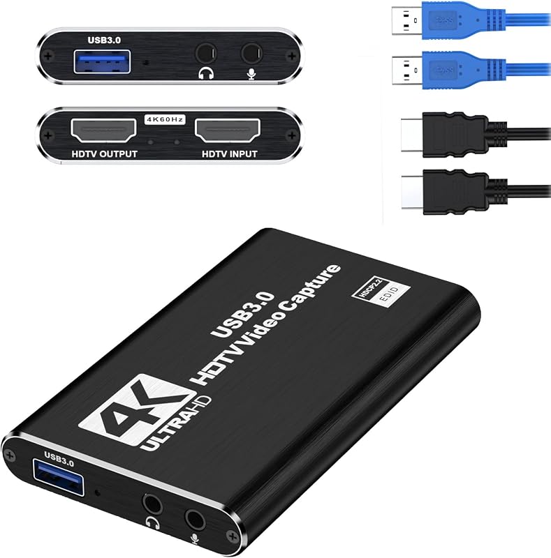Tarjeta de captura de vídeo negra con audio 4K: admite entrada HDMI 4K y grabación Full HD 1080P a 60 fps para juegos, transmisión en vivo y videoconferencias (incluye cable HDMI).