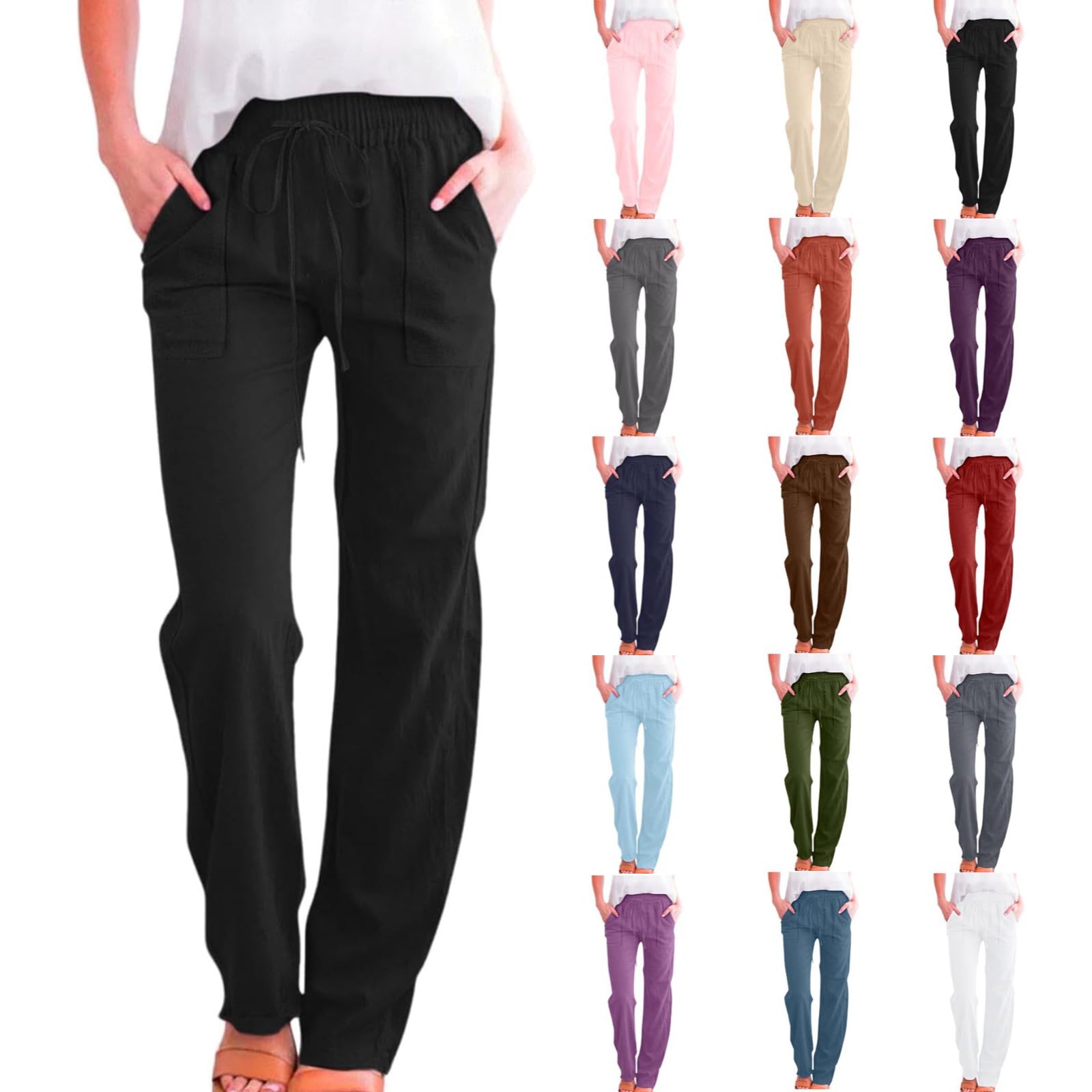 bmkBWO Linen Pants Women Summer Cotton Linen Straight Leg Petite Casual Pants with Pockets Comfy Lounge Pant 2025
