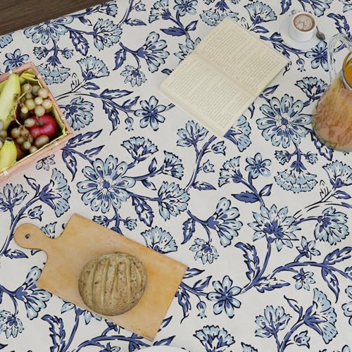 Image of Encasa XO Dining Table Cover Cloth for 6 to 8 Seater | 140x240 cm Rectangular Table Cloth | Water Repellent Polyester Tablecloth for Indoor & Outdoor Use - Indigo Digital Print