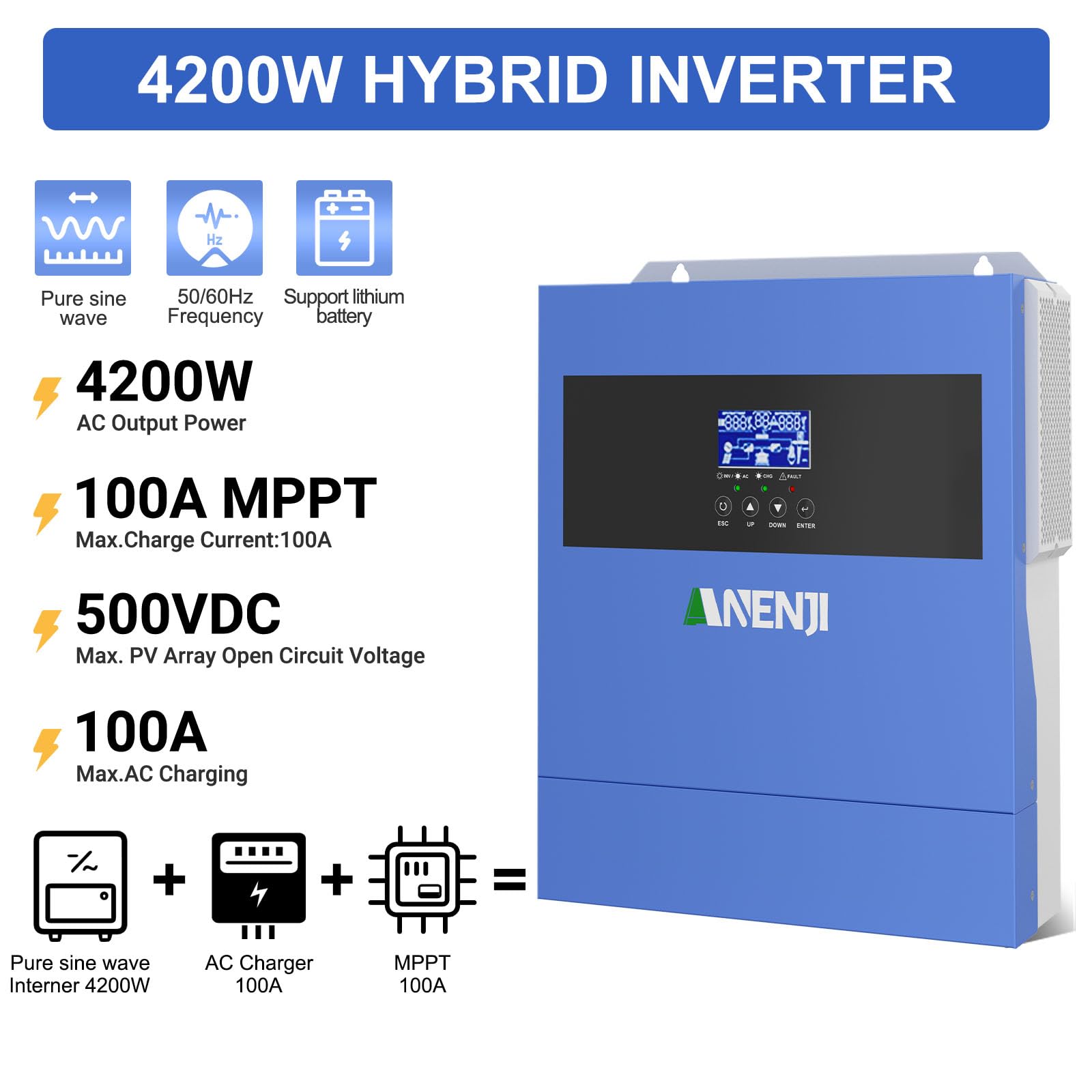 4200W Inverter ibrido a onda sinusoidale pura, Tensione a Circuito Aperto Fotovoltaico 60–500 Vcc Dotato di un MPPT da 100A e di un modulo WiFi integrato, Supporta la modalità senza batteria