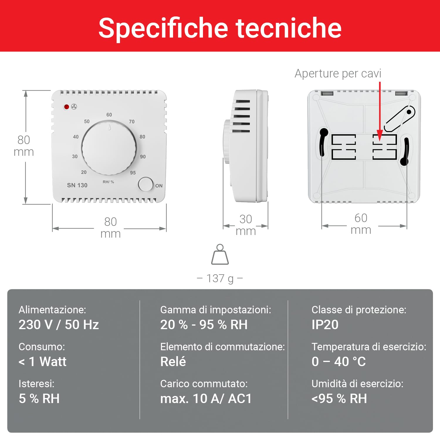 ELEKTROBOCK Sensore Umidit&agrave; SN130 - Controllo Automatico Ventilatore Per Bagno E Cantina