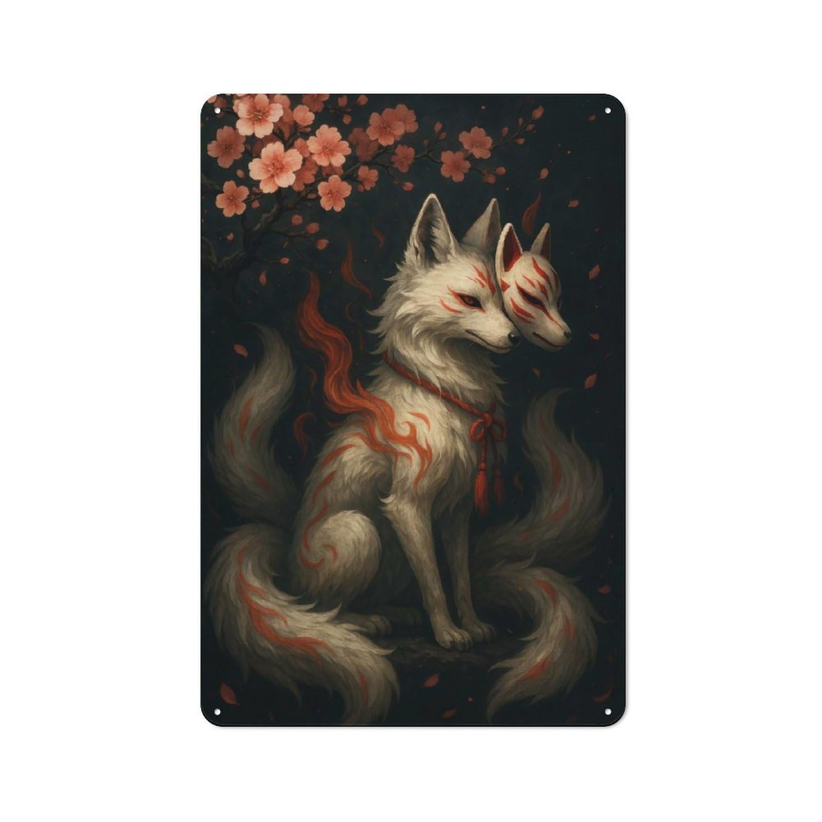 Junmoney Style-1 Kitsune With Mask And Cherry Blossoms Retro-Style Tin Wall Plaque 30X20cm For Café Or Home Bar, For Themed Interiors In Cafés And Home Bars