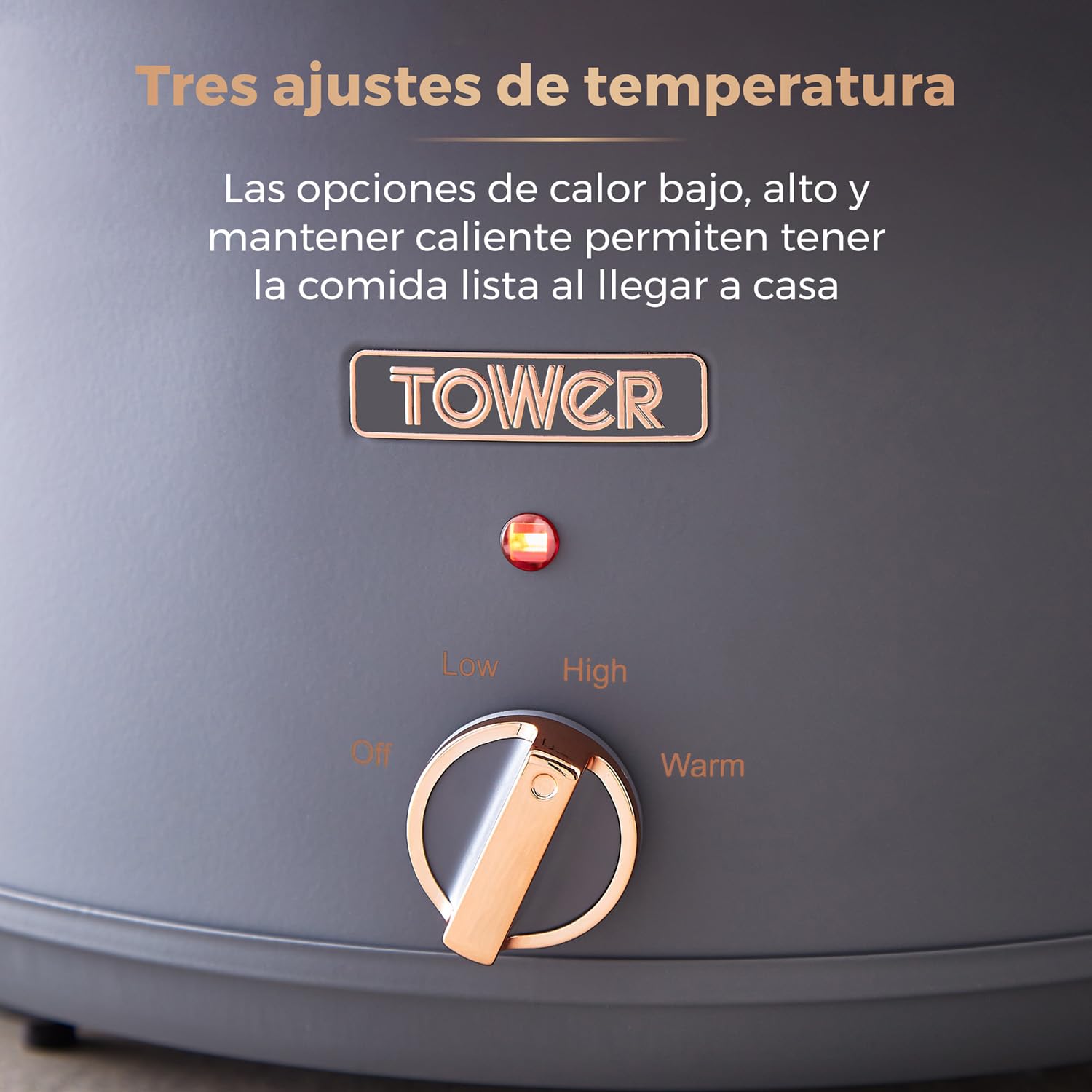 Tower T16043GRY Olla de Cocción Lenta de 6.5 Litros, Modelo Cavaletto – Olla Lenta con 3 Ajustes de Temperatura, Asas de Tacto Frío - Gris y Rosa Oro